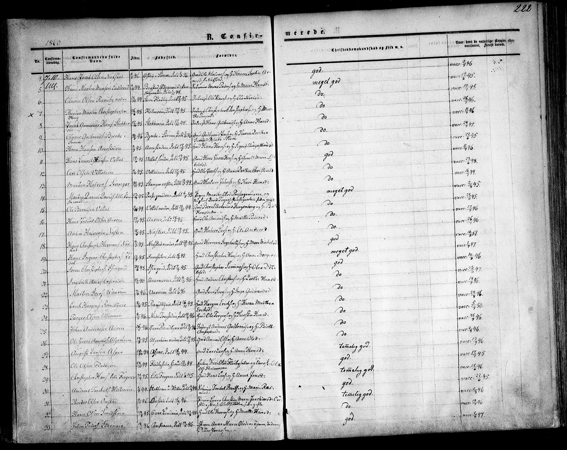 Ullensaker prestekontor Kirkebøker, AV/SAO-A-10236a/F/Fa/L0015.a: Parish register (official) no. I 15A, 1851-1862, p. 222