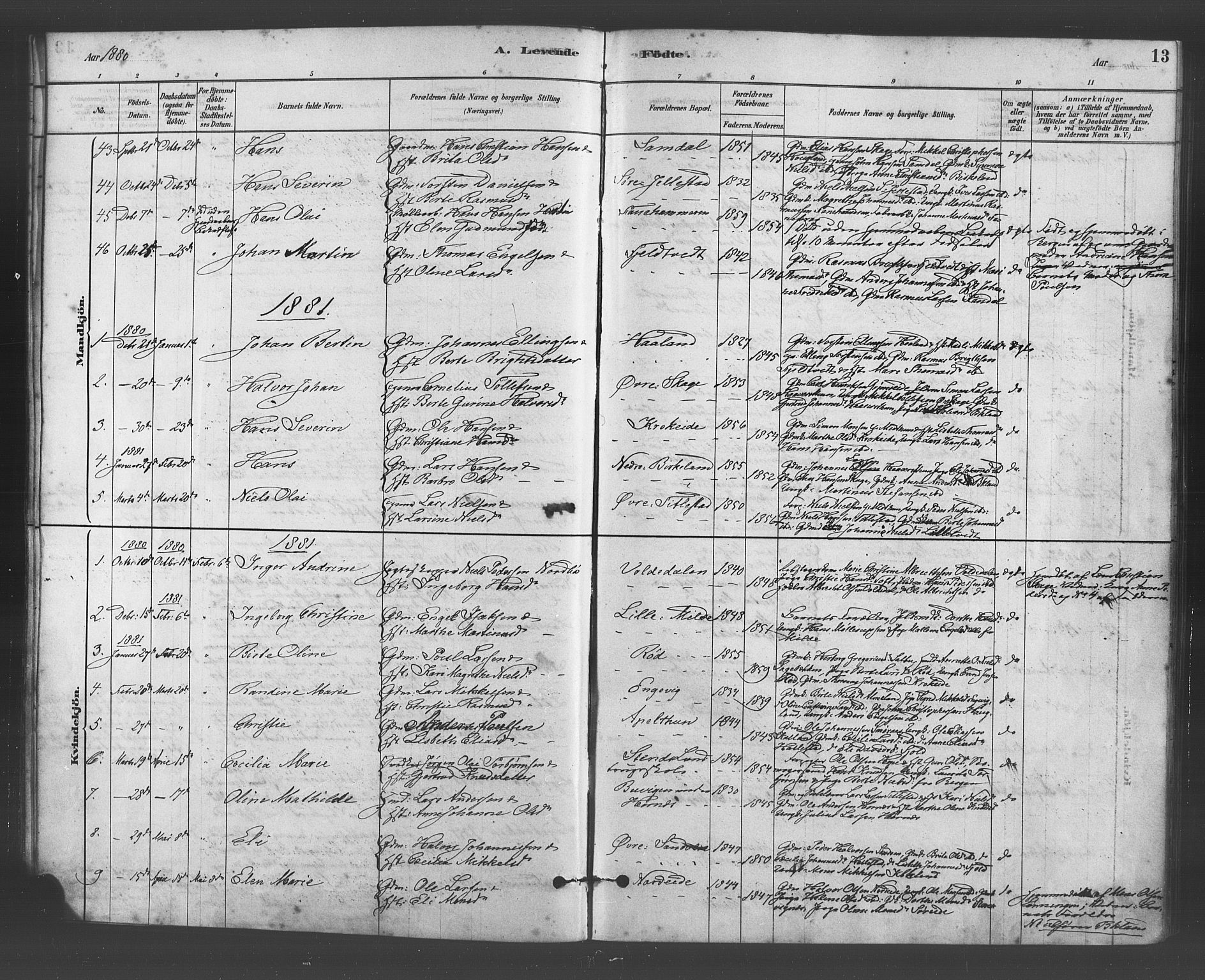 Fana Sokneprestembete, SAB/A-75101/H/Haa/Haab/L0001: Parish register (official) no. B 1, 1878-1889, p. 13