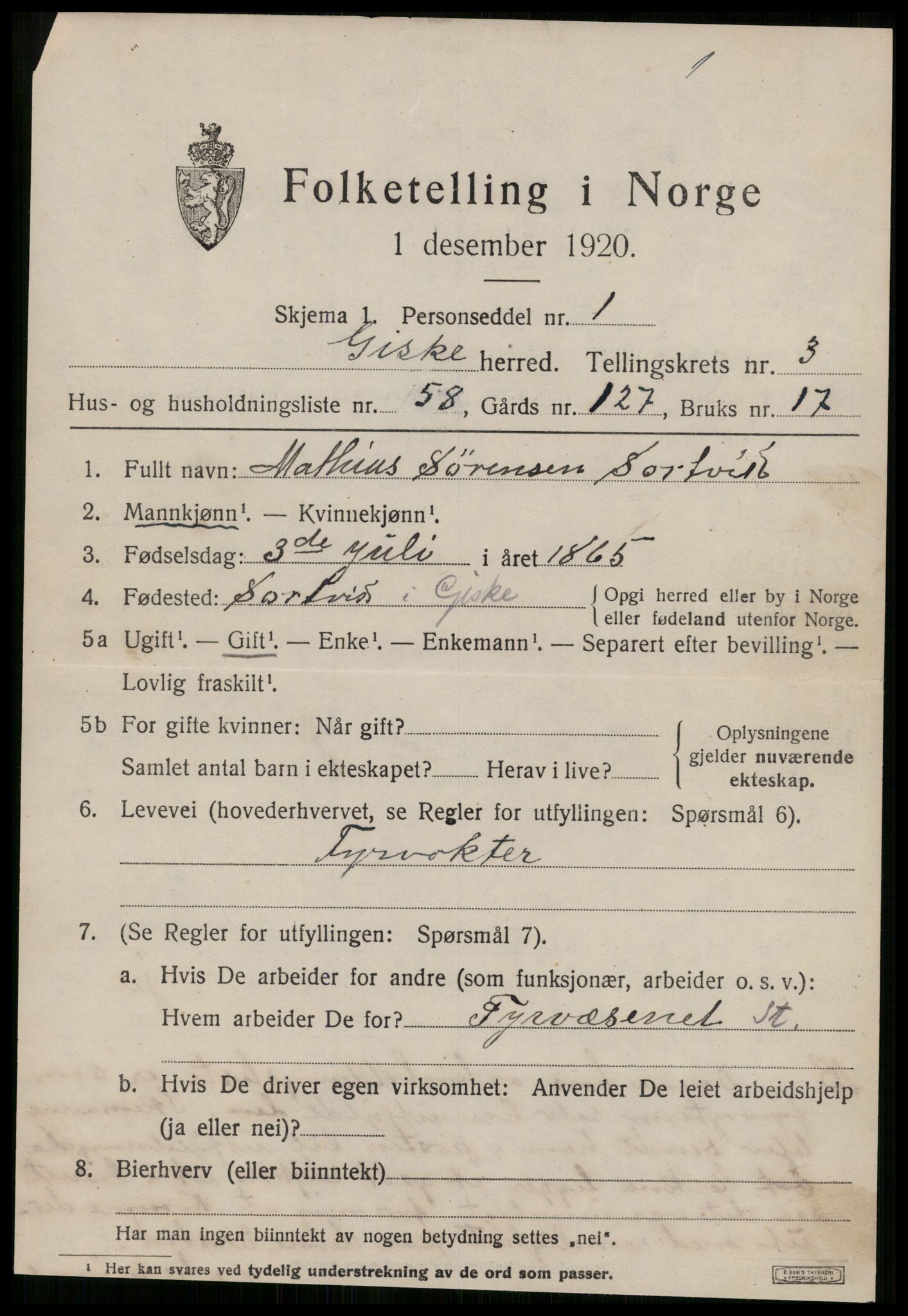 SAT, 1920 census for Giske, 1920, p. 2618