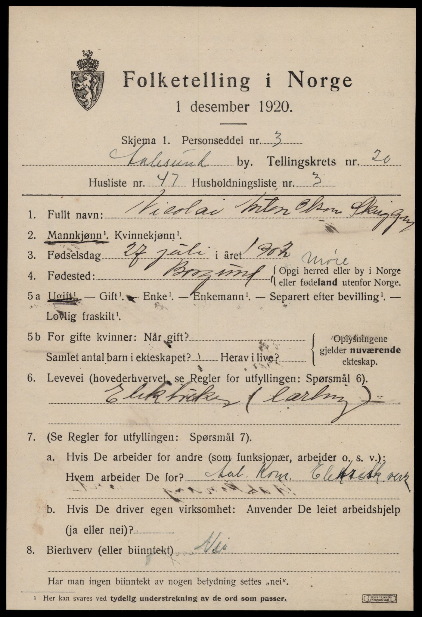 SAT, 1920 census for Ålesund, 1920, p. 39374