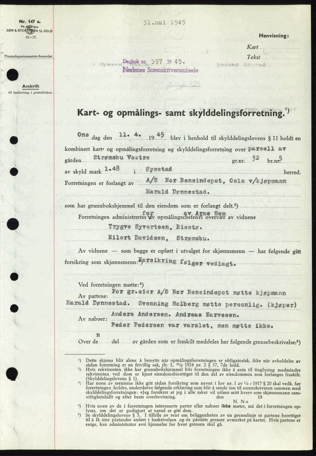 Nedenes sorenskriveri, SAK/1221-0006/G/Gb/Gba/L0052: Mortgage book no. A6a, 1944-1945, Diary no: : 397/1945