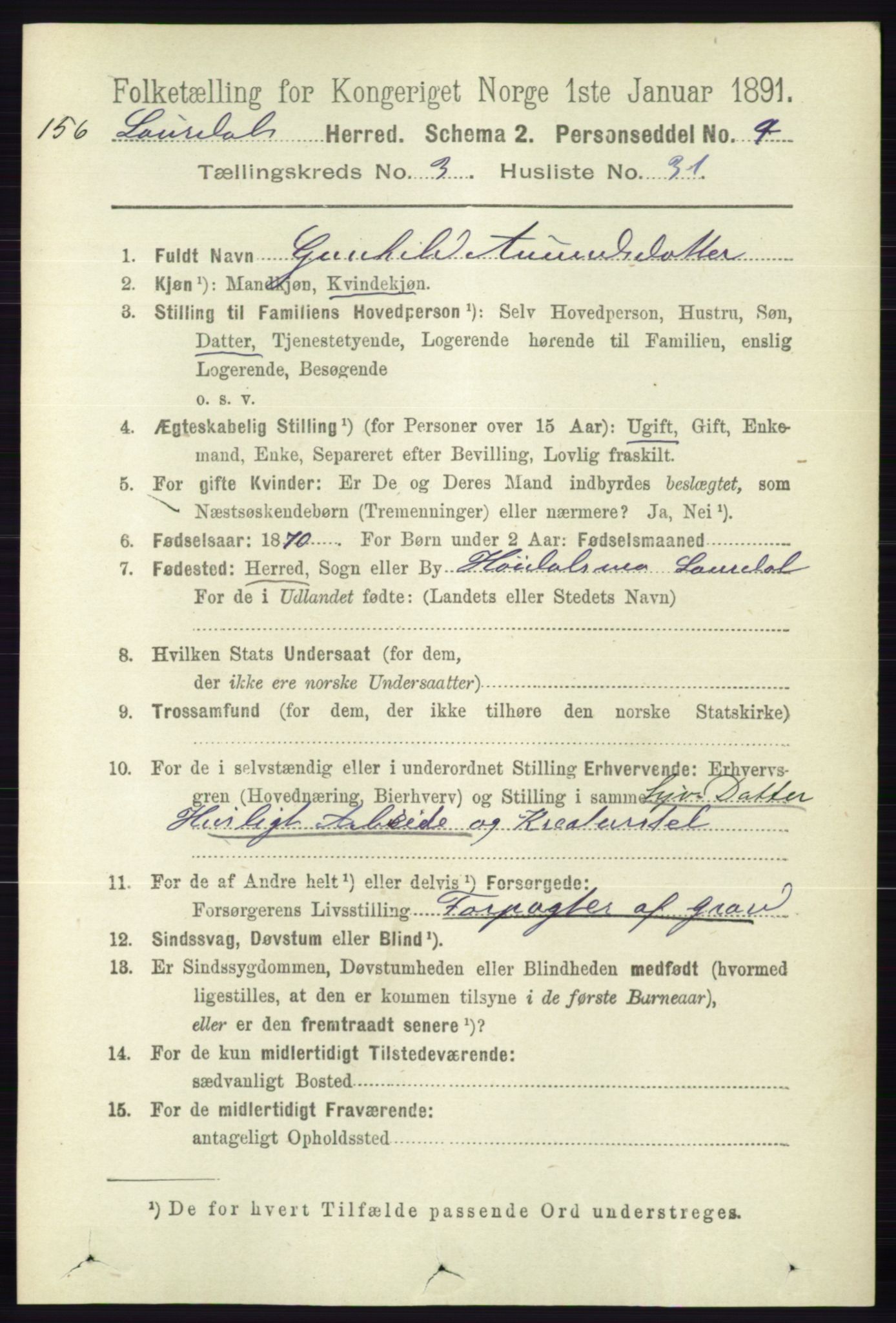 RA, 1891 census for 0833 Lårdal, 1891, p. 988