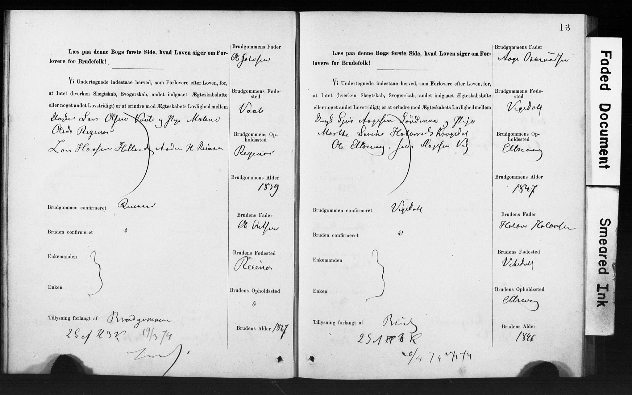 Rennesøy sokneprestkontor, AV/SAST-A -101827/I/Ie/L0001: Banns register no. 1, 1873-1898, p. 13