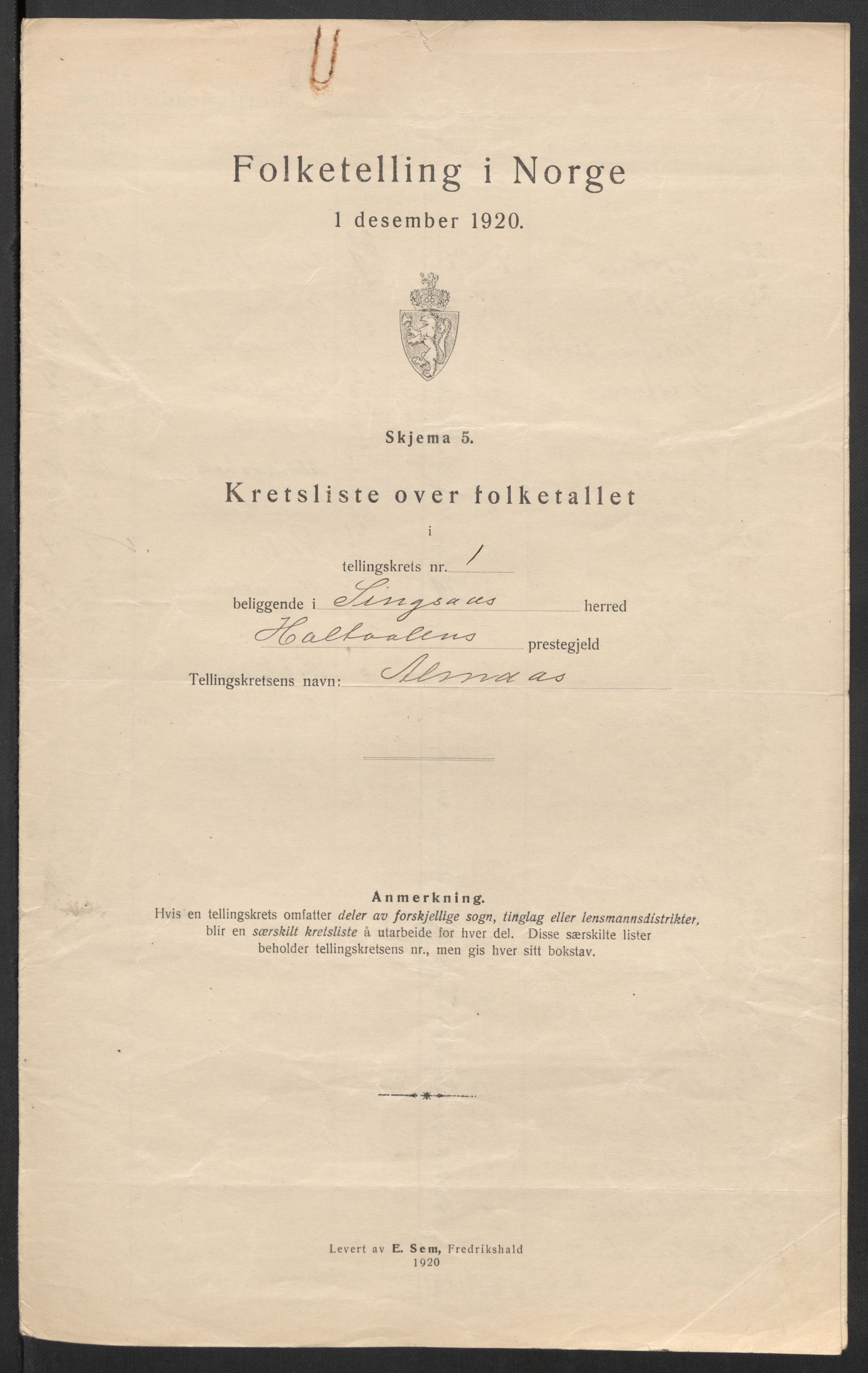 SAT, 1920 census for Singsås, 1920, p. 6