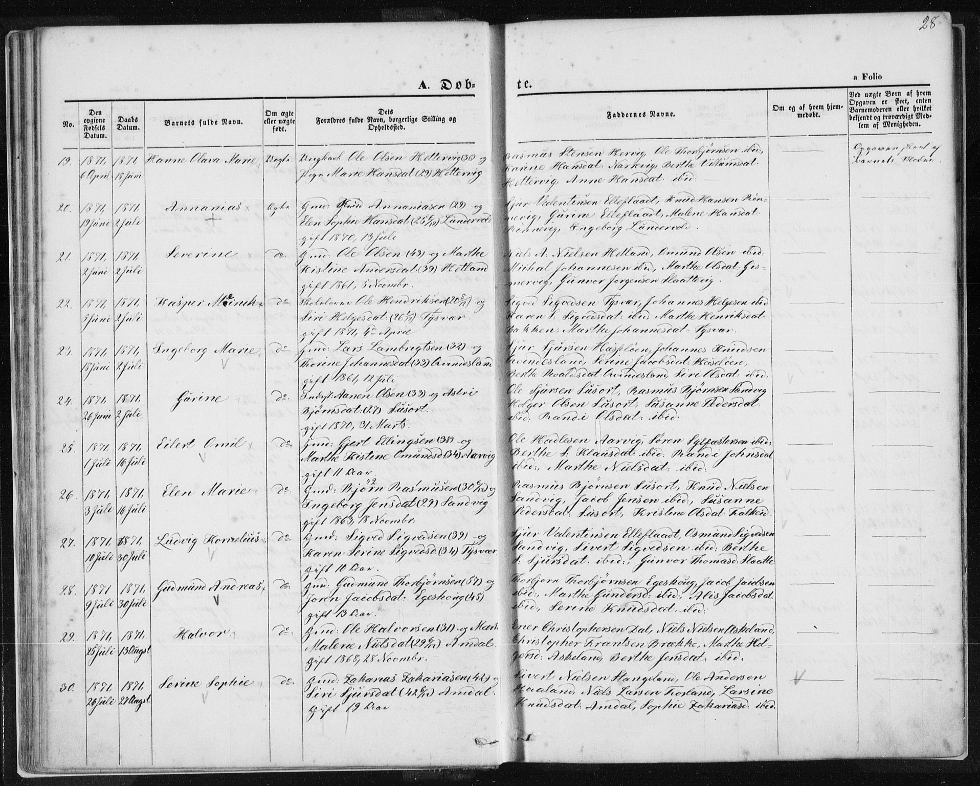Tysvær sokneprestkontor, AV/SAST-A -101864/H/Ha/Haa/L0005: Parish register (official) no. A 5, 1865-1878, p. 28