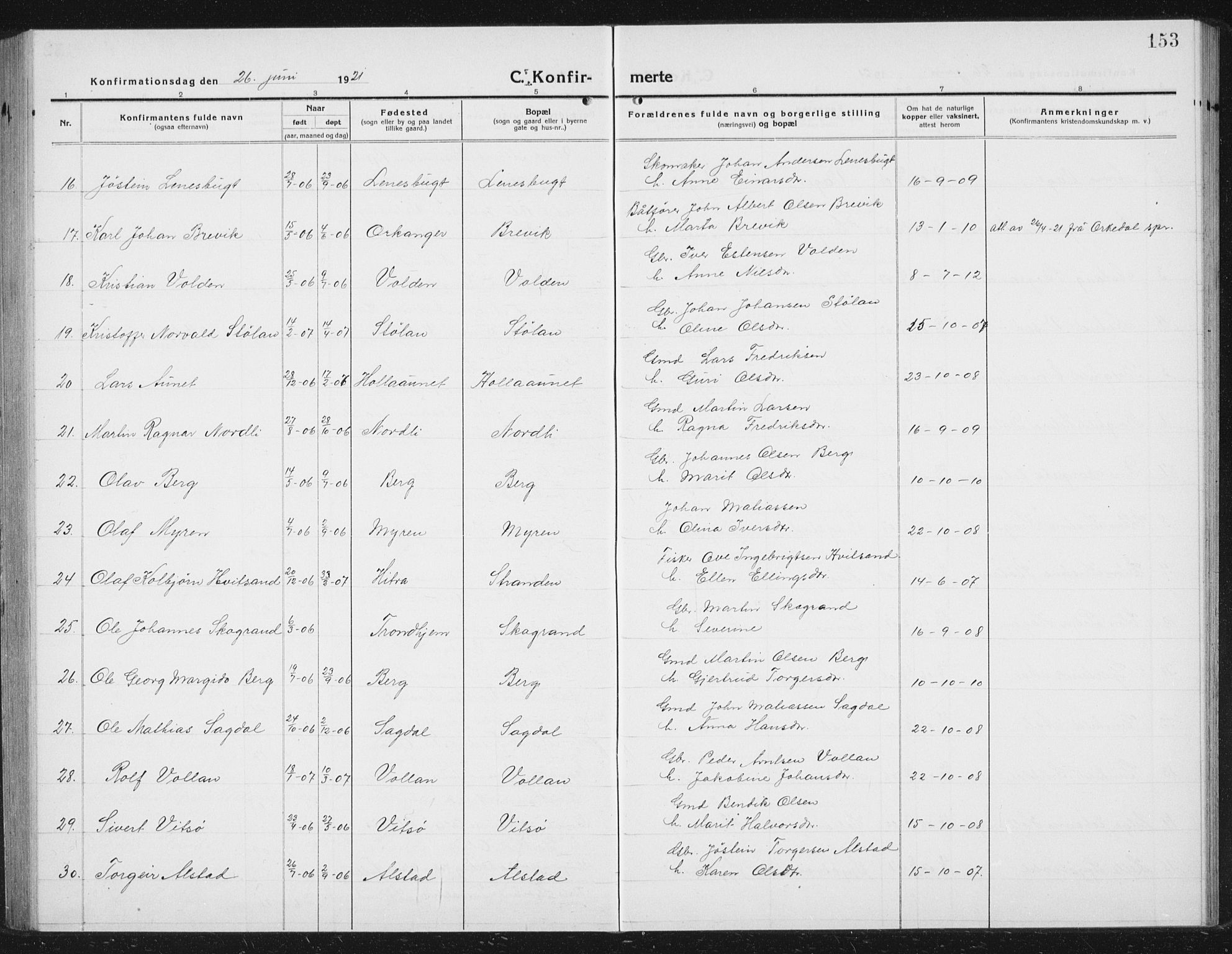Ministerialprotokoller, klokkerbøker og fødselsregistre - Sør-Trøndelag, SAT/A-1456/630/L0506: Parish register (copy) no. 630C04, 1914-1933, p. 153