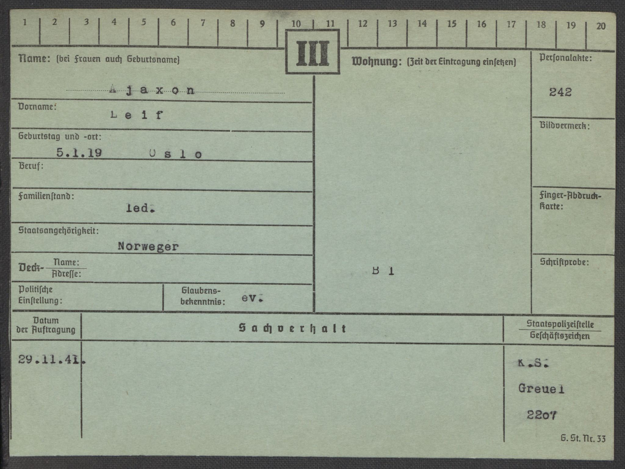 Befehlshaber der Sicherheitspolizei und des SD, RA/RAFA-5969/E/Ea/Eaa/L0001: Register over norske fanger i Møllergata 19: A-Bj, 1940-1945, p. 44