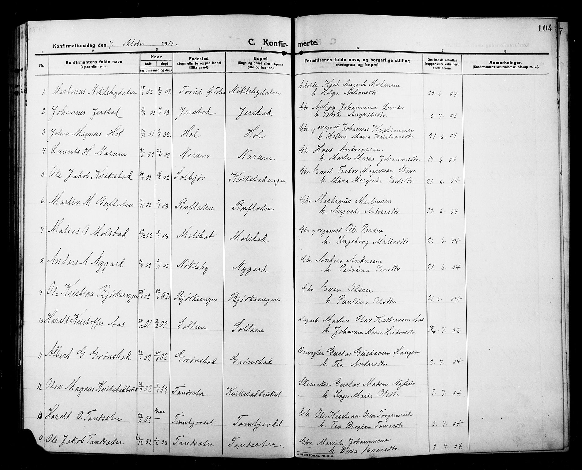 Kolbu prestekontor, SAH/PREST-110/H/Ha/Hab/L0001: Parish register (copy) no. 1, 1912-1925, p. 104