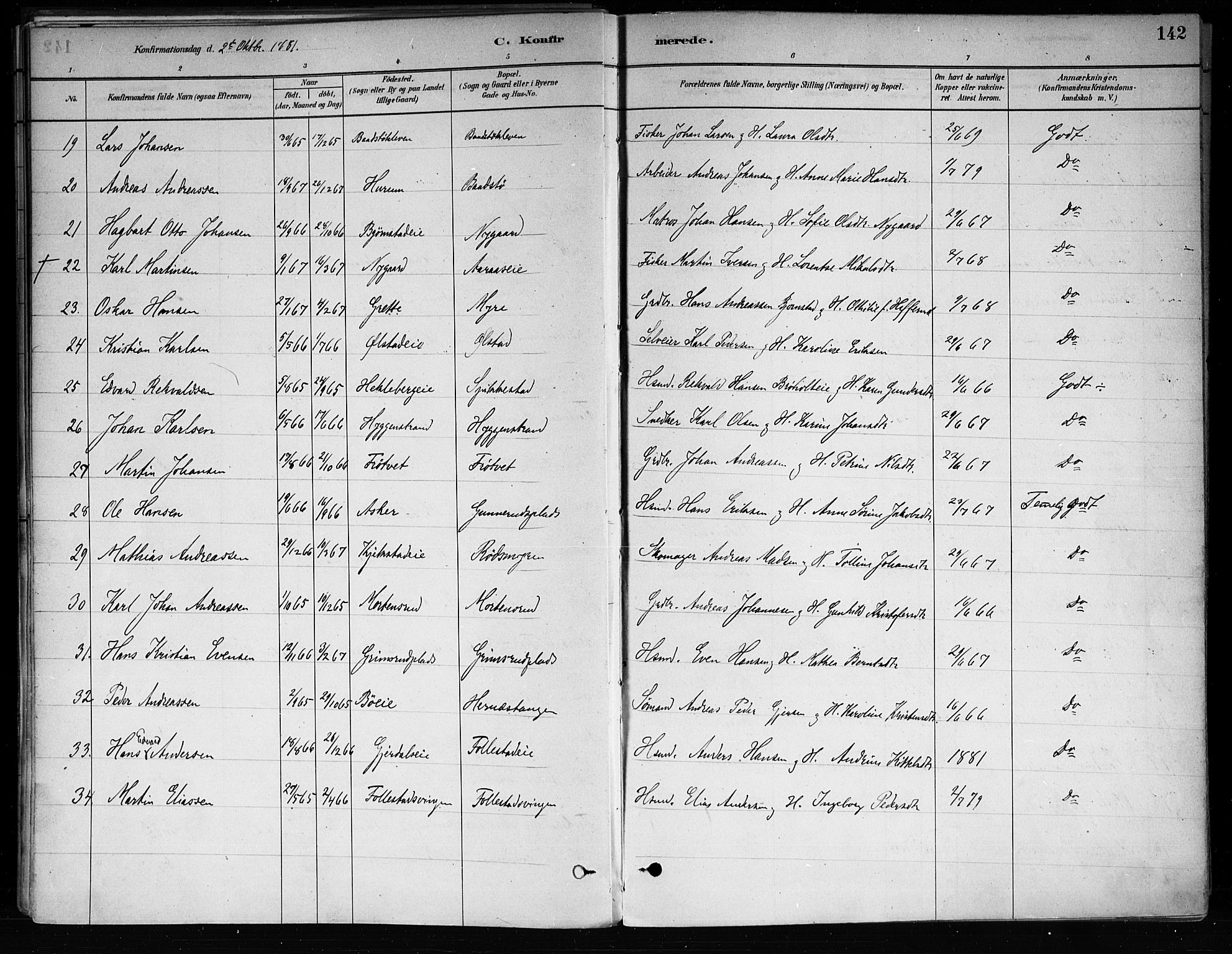 Røyken kirkebøker, SAKO/A-241/F/Fa/L0008: Parish register (official) no. 8, 1880-1897, p. 142