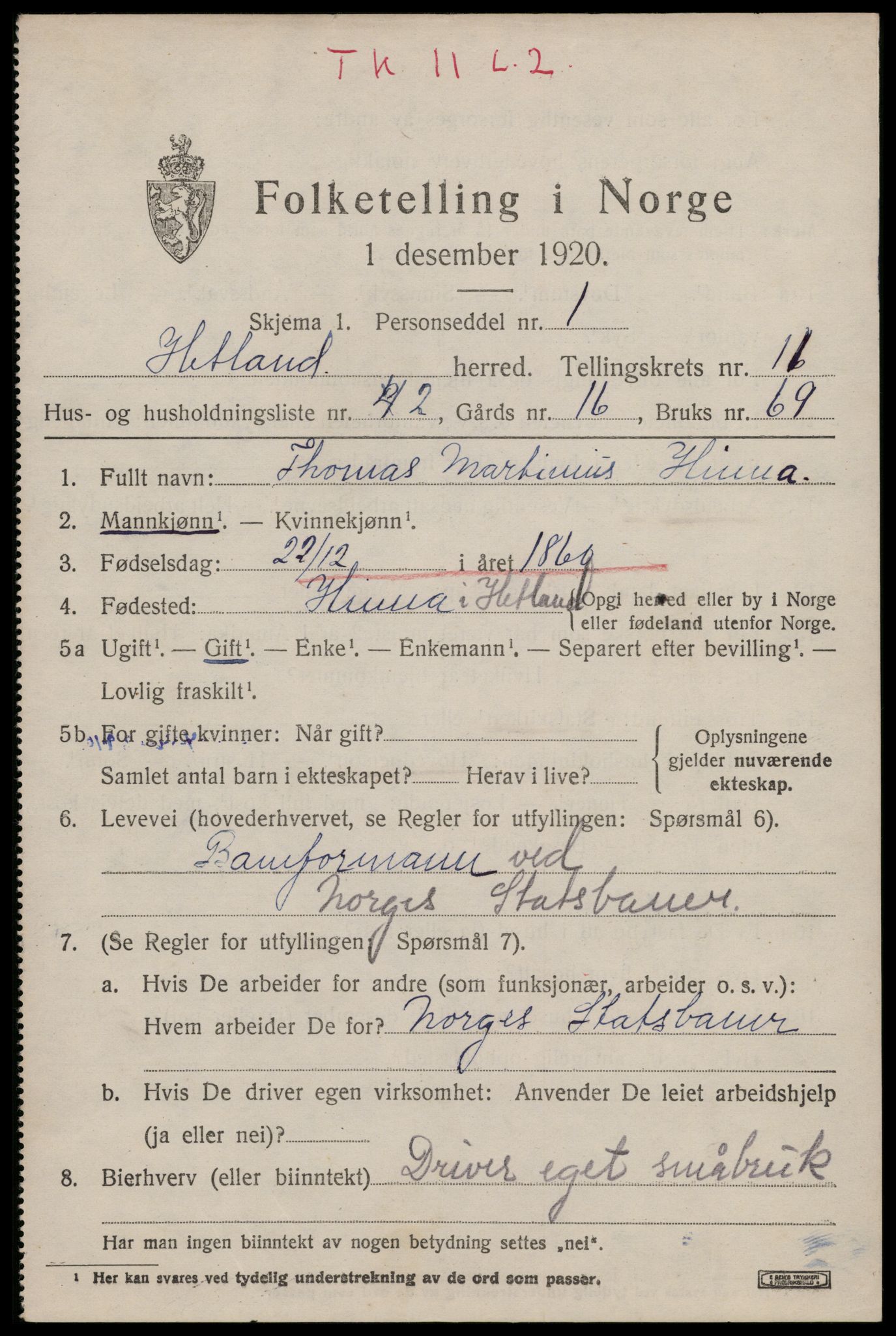 SAST, 1920 census for Hetland, 1920, p. 19949