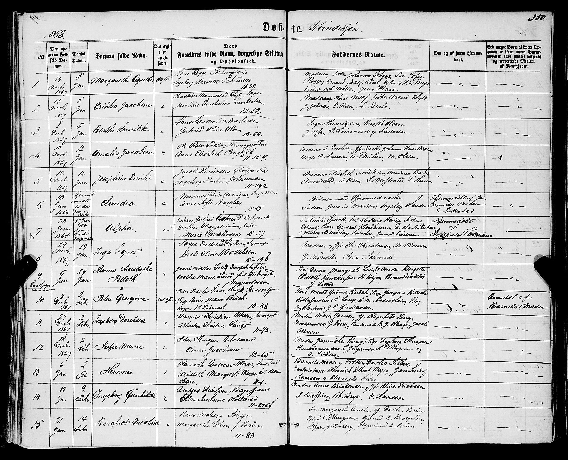 Domkirken sokneprestembete, SAB/A-74801/H/Haa/L0021: Parish register (official) no. B 4, 1859-1871, p. 350