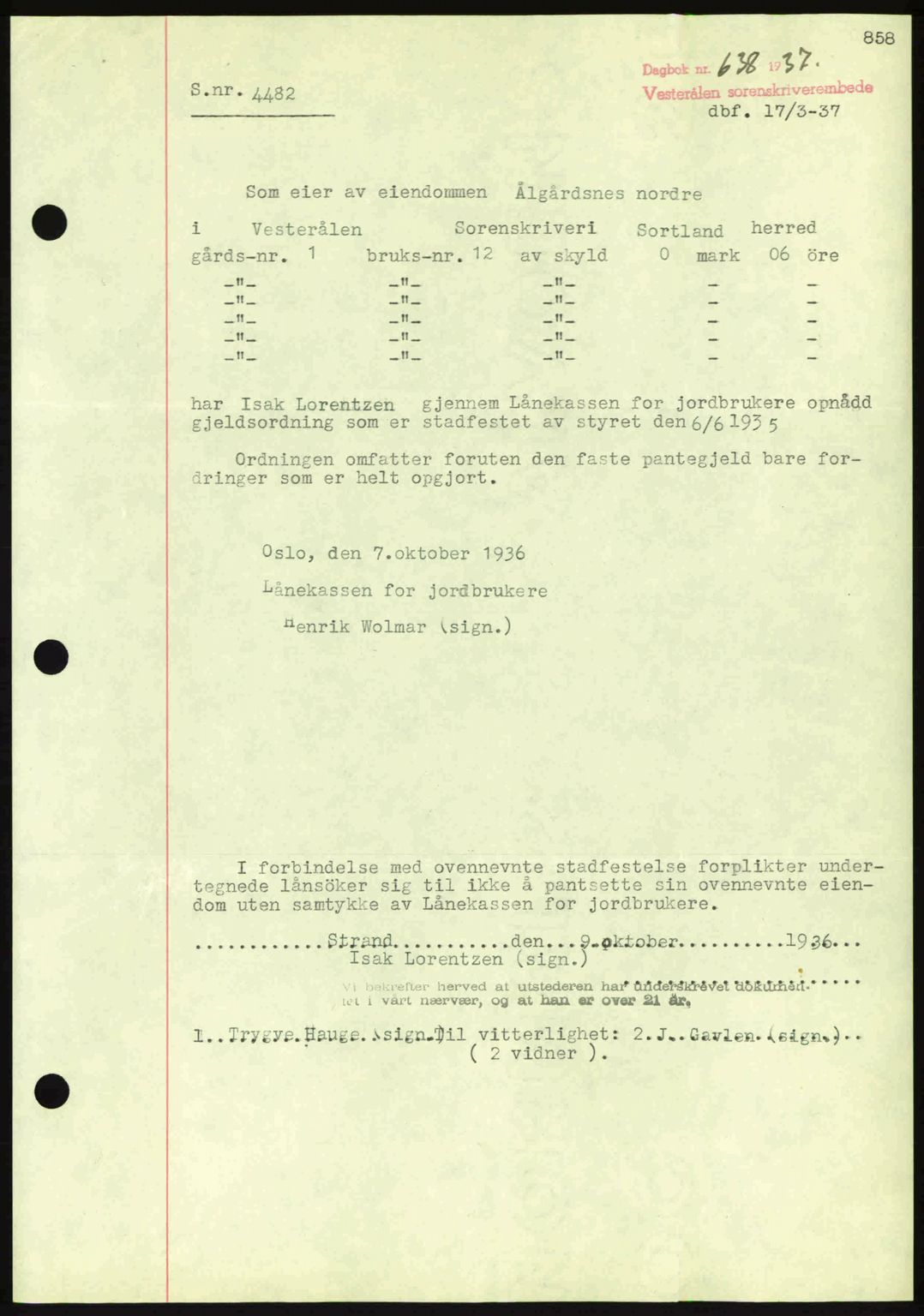 Vesterålen sorenskriveri, AV/SAT-A-4180/1/2/2Ca: Mortgage book no. B1-5, 1936-1938, Diary no: : 638/1937