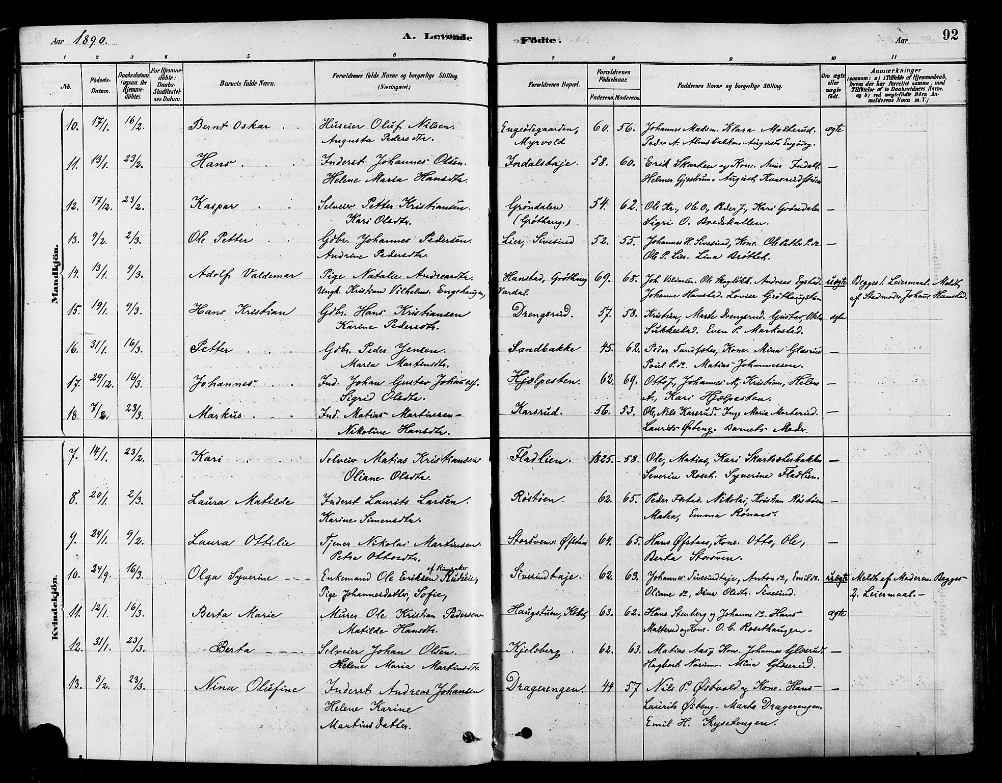 Vestre Toten prestekontor, SAH/PREST-108/H/Ha/Haa/L0009: Parish register (official) no. 9, 1878-1894, p. 92