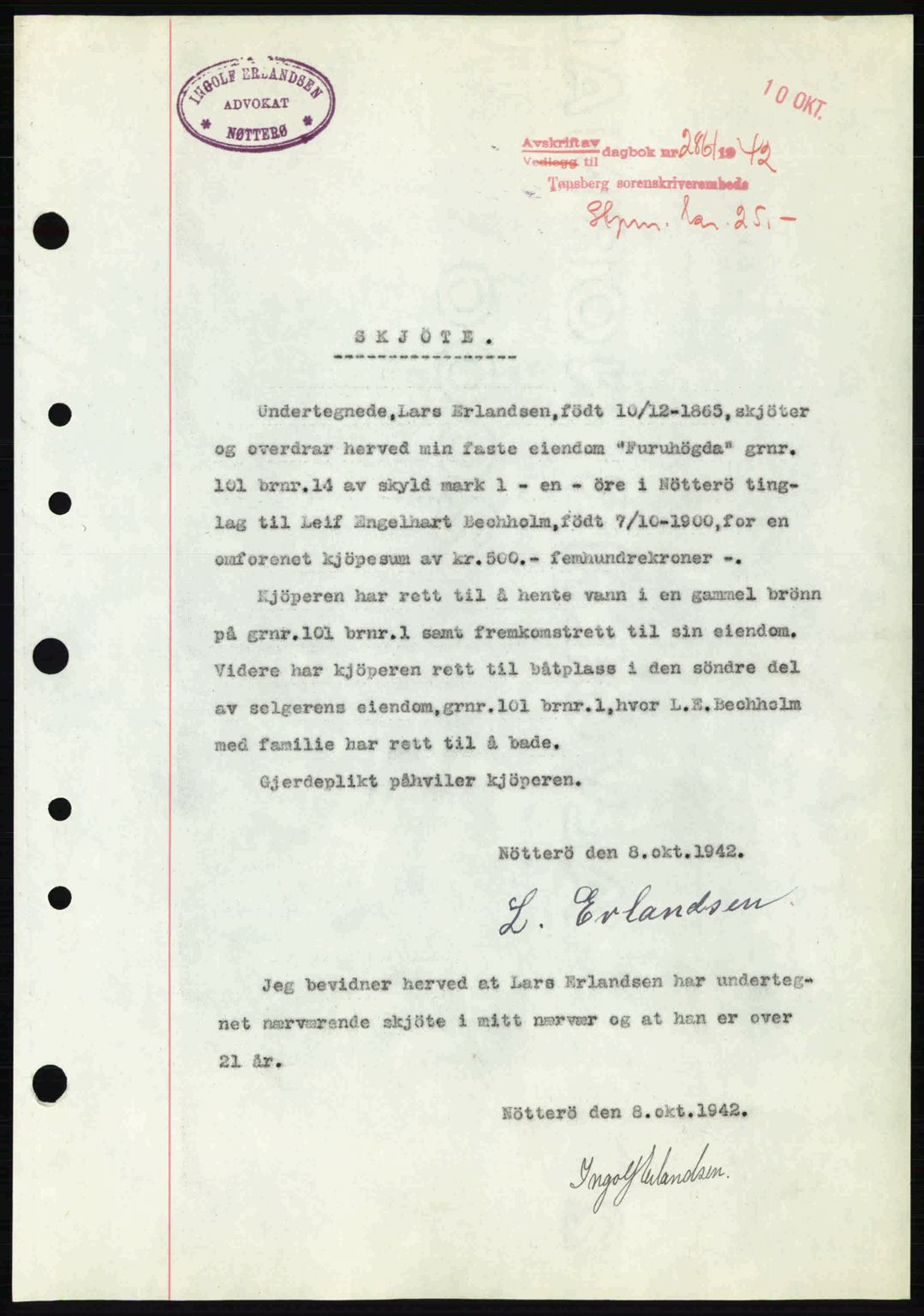 Tønsberg sorenskriveri, AV/SAKO-A-130/G/Ga/Gaa/L0012: Mortgage book no. A12, 1942-1943, Diary no: : 2861/1942