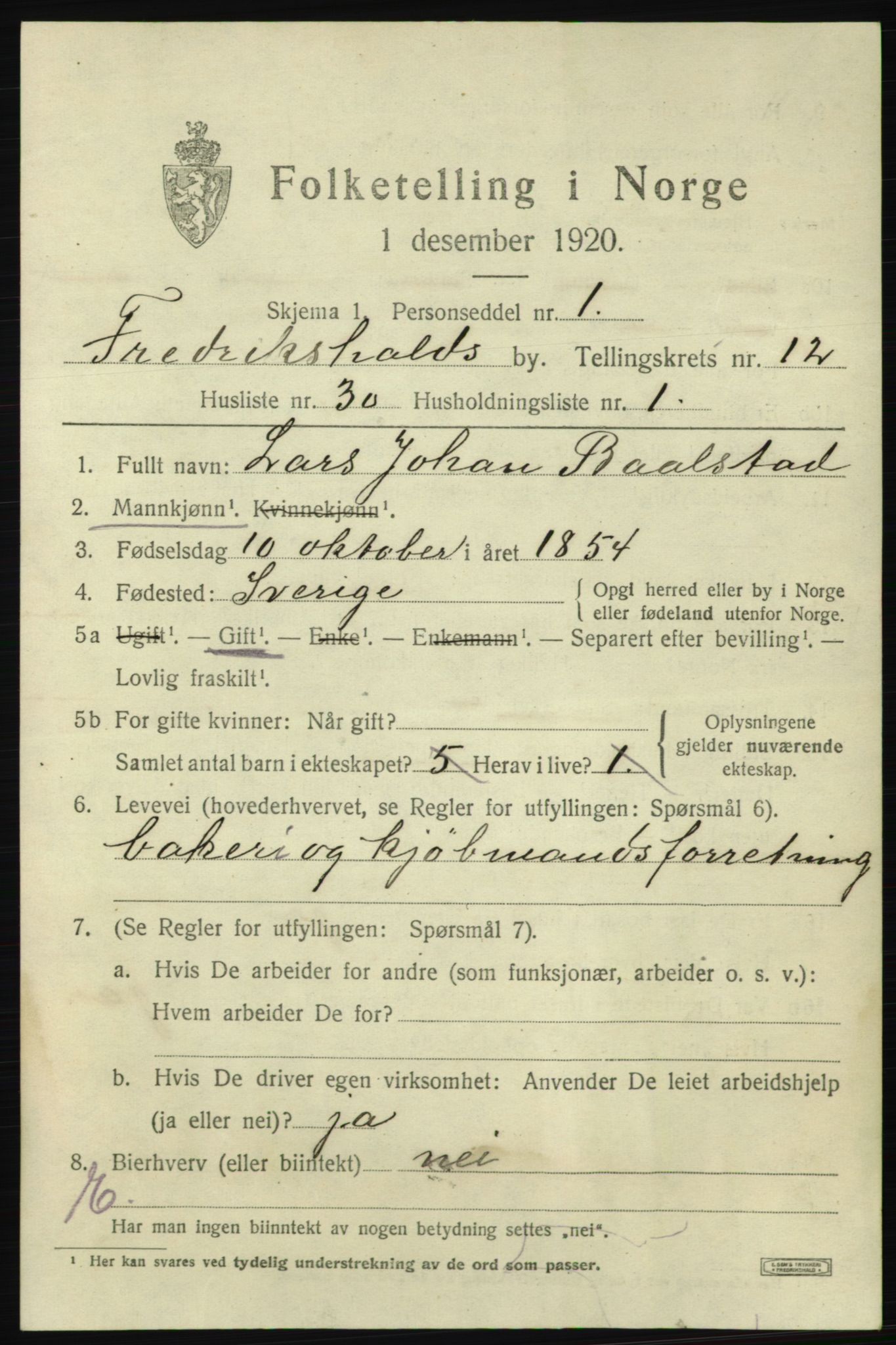 SAO, 1920 census for Fredrikshald, 1920, p. 20553
