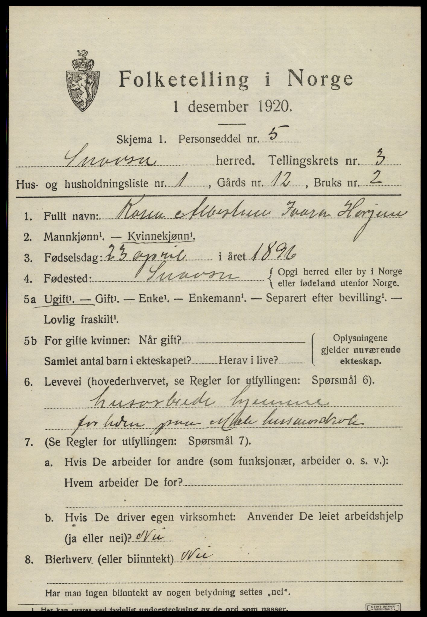 SAT, 1920 census for Snåsa, 1920, p. 1540