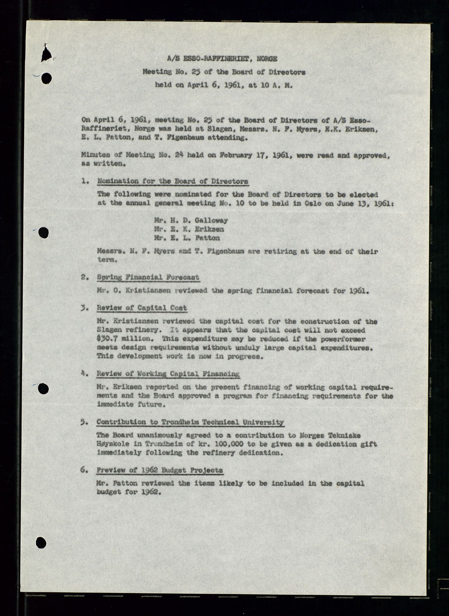 PA 1537 - A/S Essoraffineriet Norge, AV/SAST-A-101957/A/Aa/L0002/0001: Styremøter / Shareholder meetings, Board meeting minutes, 1957-1961, p. 62