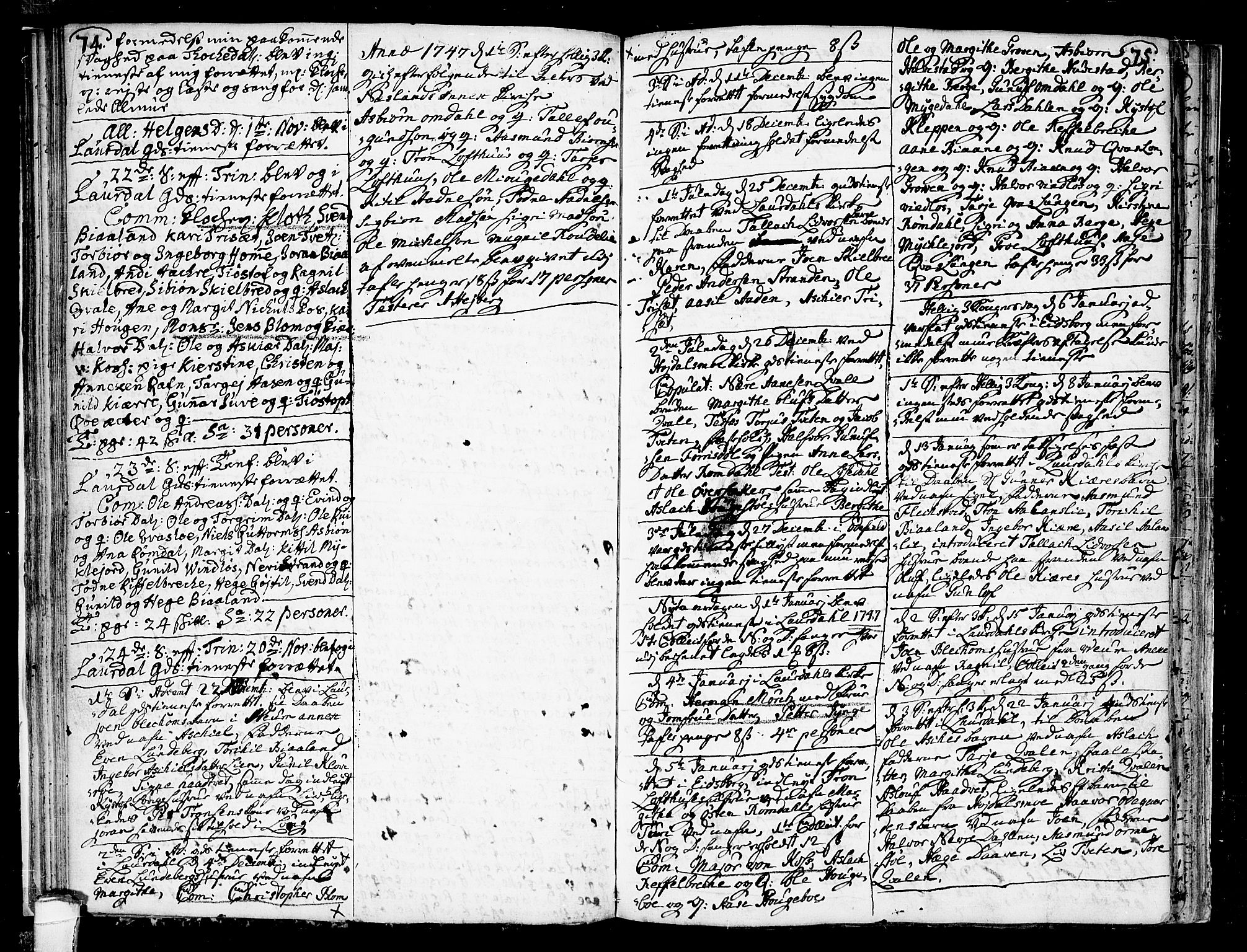 Lårdal kirkebøker, SAKO/A-284/F/Fa/L0002: Parish register (official) no. I 2, 1734-1754, p. 74-75