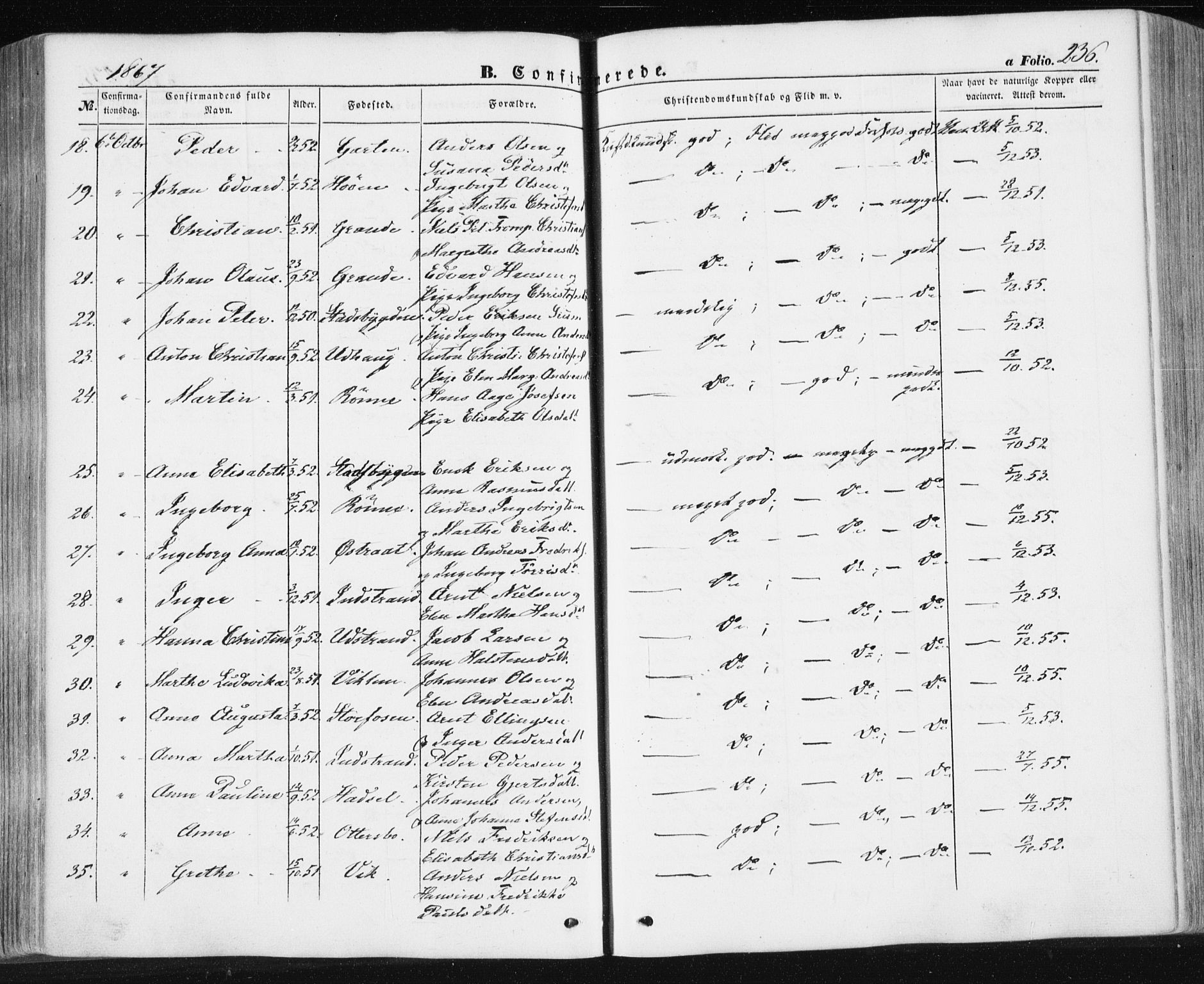 Ministerialprotokoller, klokkerbøker og fødselsregistre - Sør-Trøndelag, SAT/A-1456/659/L0737: Parish register (official) no. 659A07, 1857-1875, p. 236