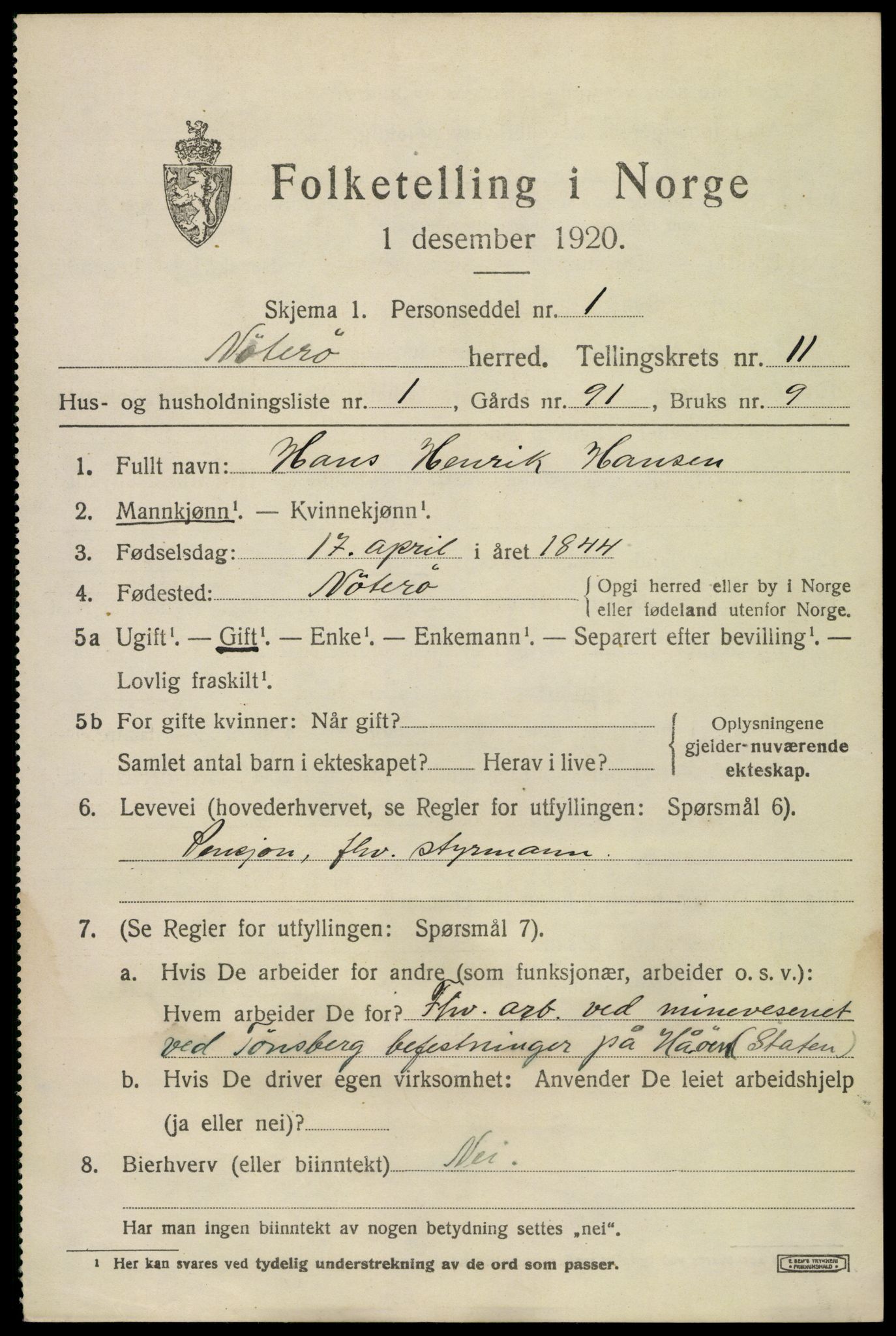 SAKO, 1920 census for Nøtterøy, 1920, p. 13567