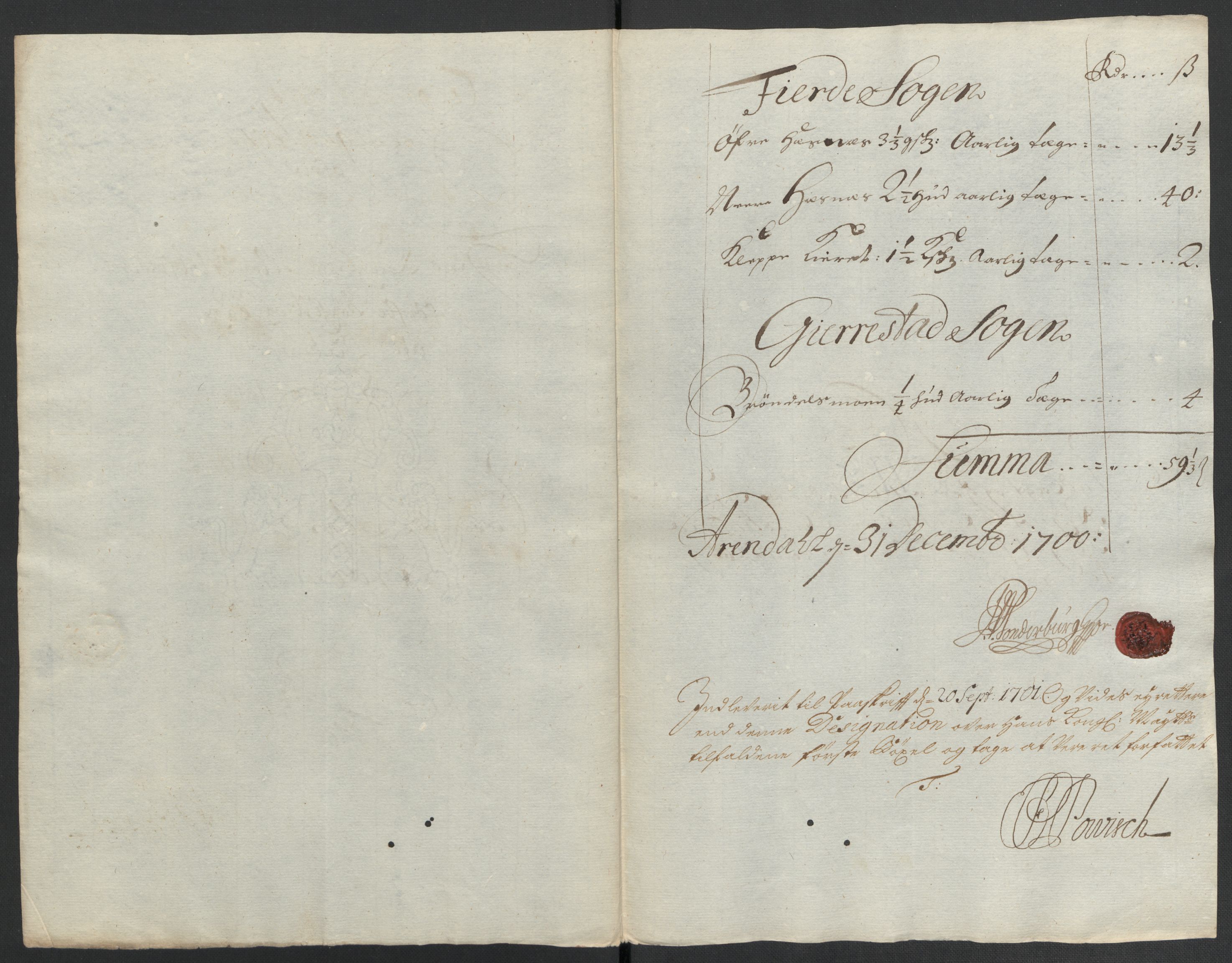 Rentekammeret inntil 1814, Reviderte regnskaper, Fogderegnskap, AV/RA-EA-4092/R39/L2315: Fogderegnskap Nedenes, 1700-1701, p. 32