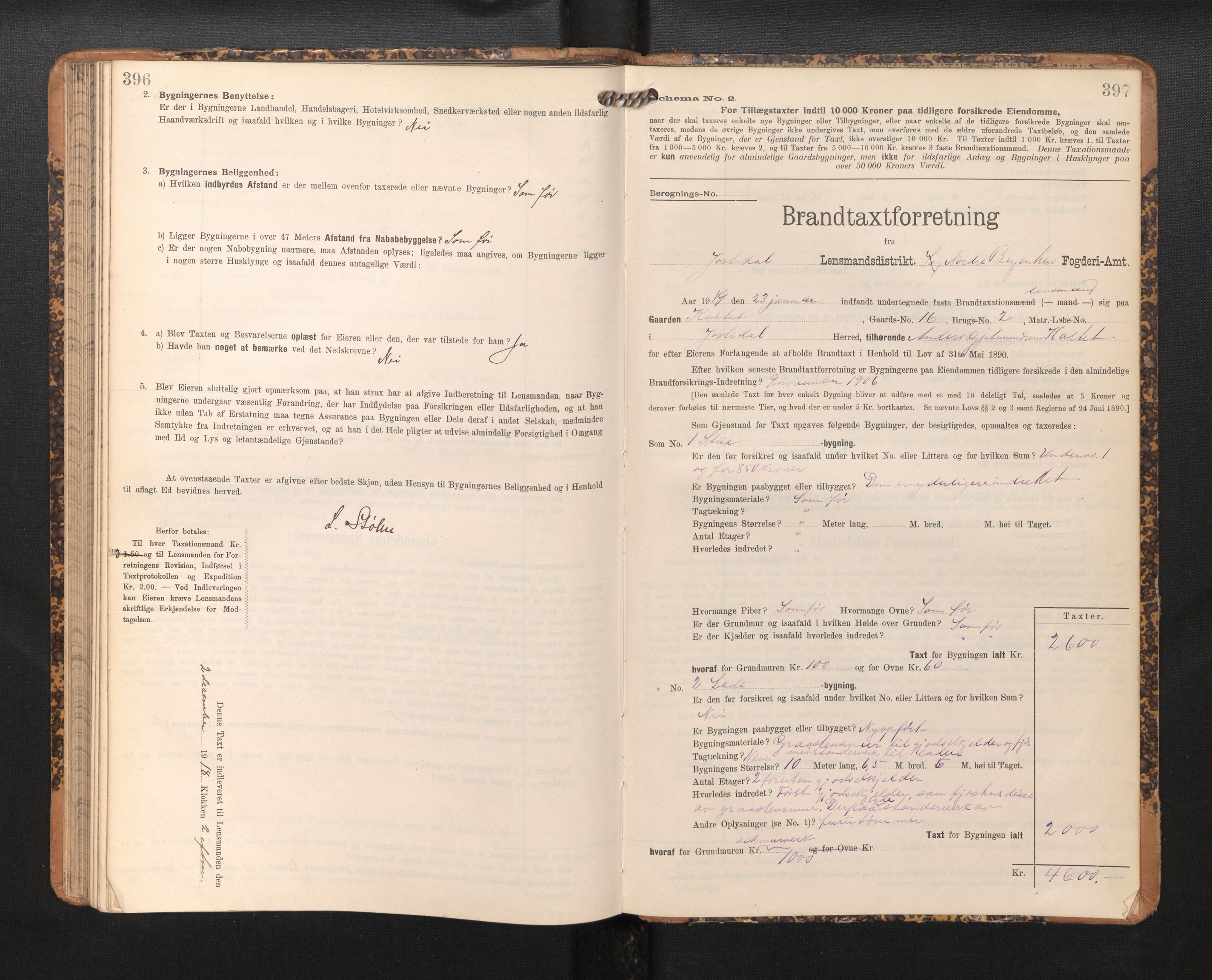 Lensmannen i Jostedal, SAB/A-28601/0012/L0004: Branntakstprotokoll, skjematakst, 1906-1919, p. 396-397