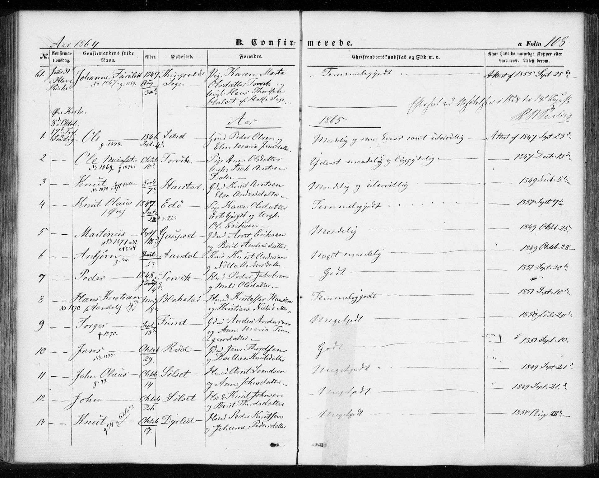 Ministerialprotokoller, klokkerbøker og fødselsregistre - Møre og Romsdal, AV/SAT-A-1454/584/L0965: Parish register (official) no. 584A05, 1857-1868, p. 108