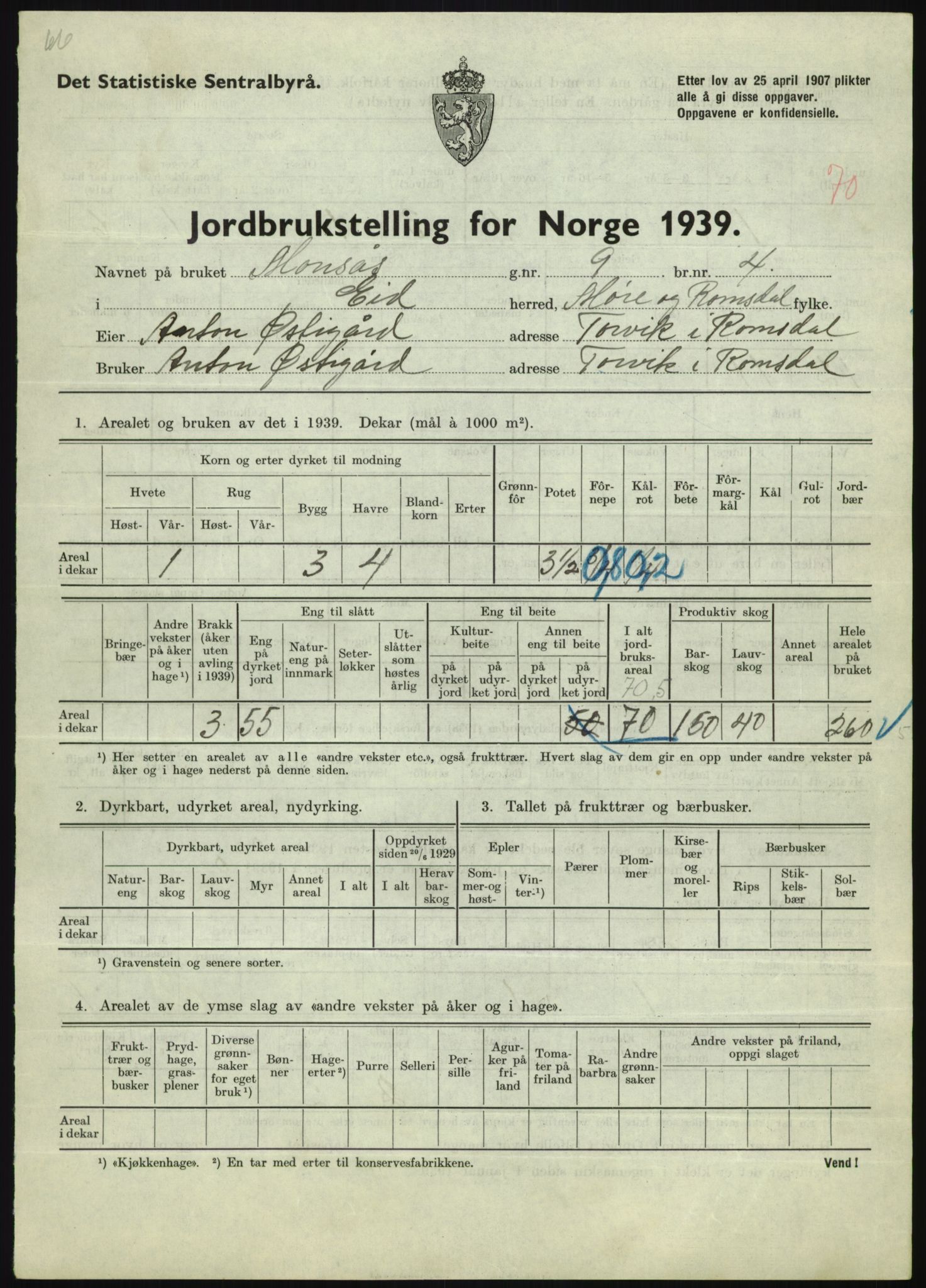 Statistisk sentralbyrå, Næringsøkonomiske emner, Jordbruk, skogbruk, jakt, fiske og fangst, AV/RA-S-2234/G/Gb/L0251: Møre og Romsdal: Voll, Eid, Grytten og Hen, 1939, p. 451