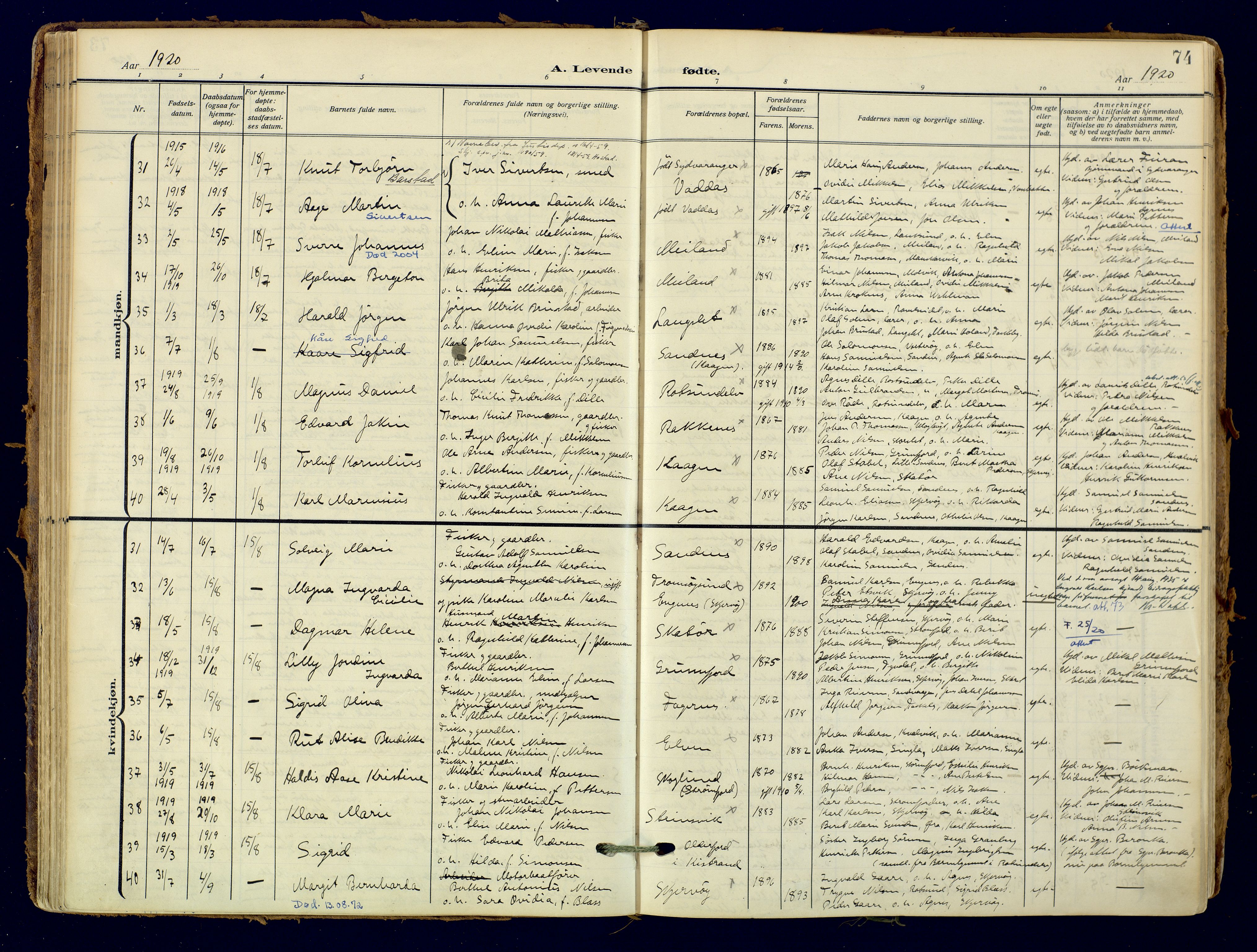 Skjervøy sokneprestkontor, SATØ/S-1300/H/Ha/Haa: Parish register (official) no. 18, 1910-1926, p. 74