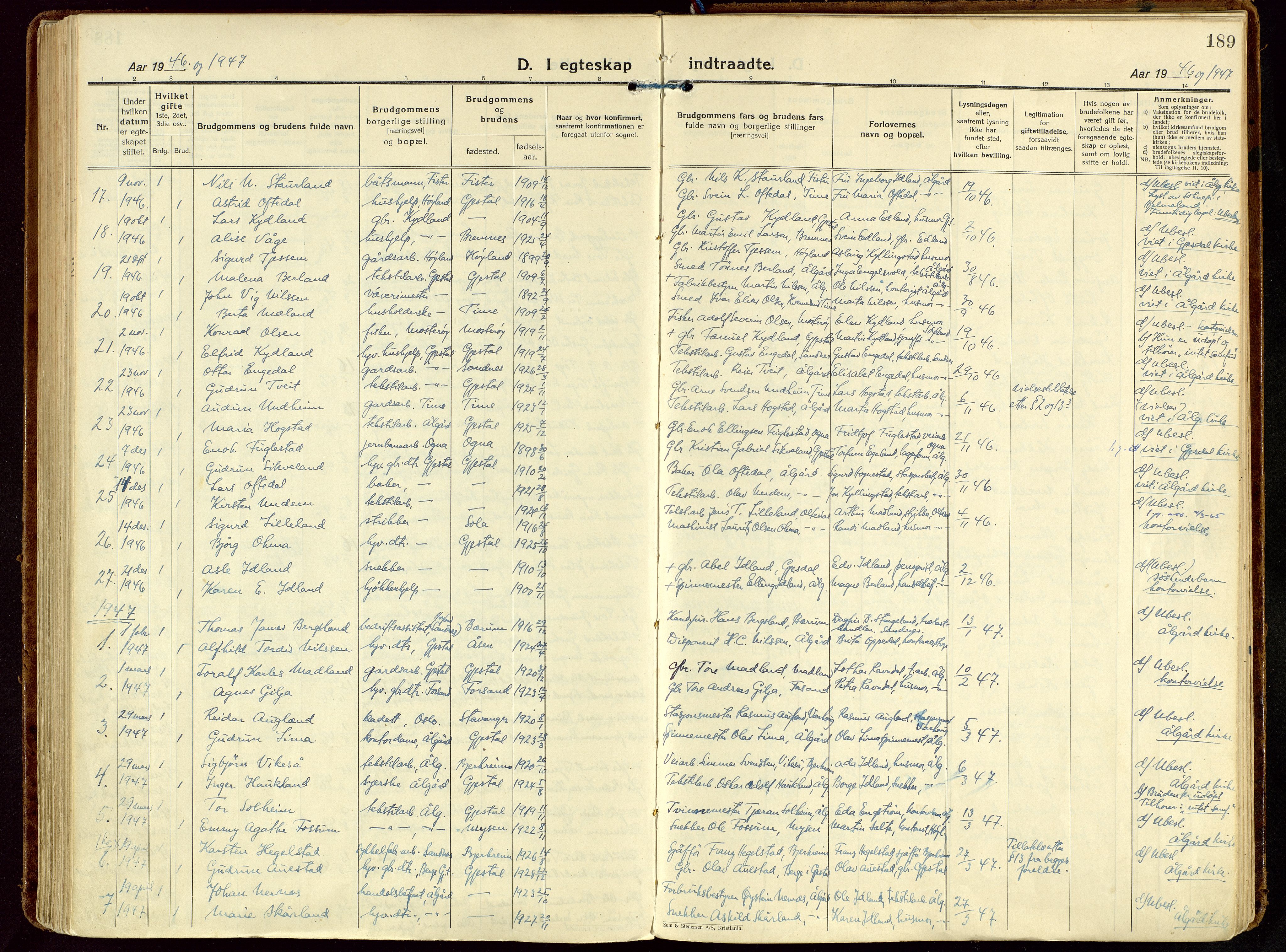 Gjesdal sokneprestkontor, SAST/A-101796/003/O/L0001: Parish register (official) no. A 1, 1925-1949, p. 189