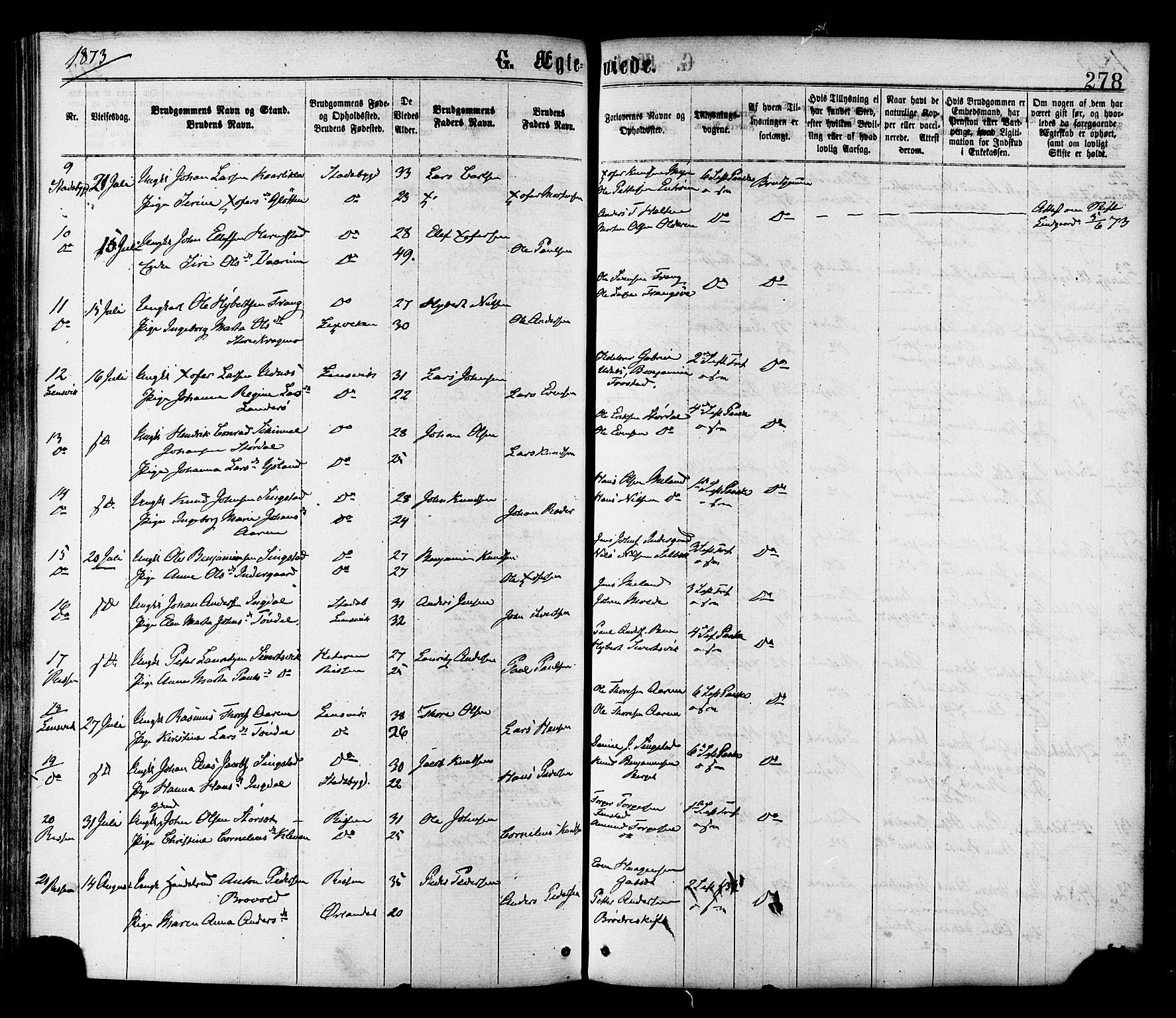 Ministerialprotokoller, klokkerbøker og fødselsregistre - Sør-Trøndelag, SAT/A-1456/646/L0613: Parish register (official) no. 646A11, 1870-1884, p. 278