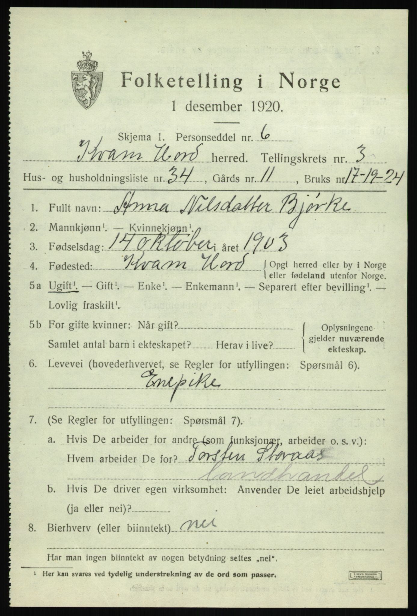 SAB, 1920 census for Kvam, 1920, p. 2947