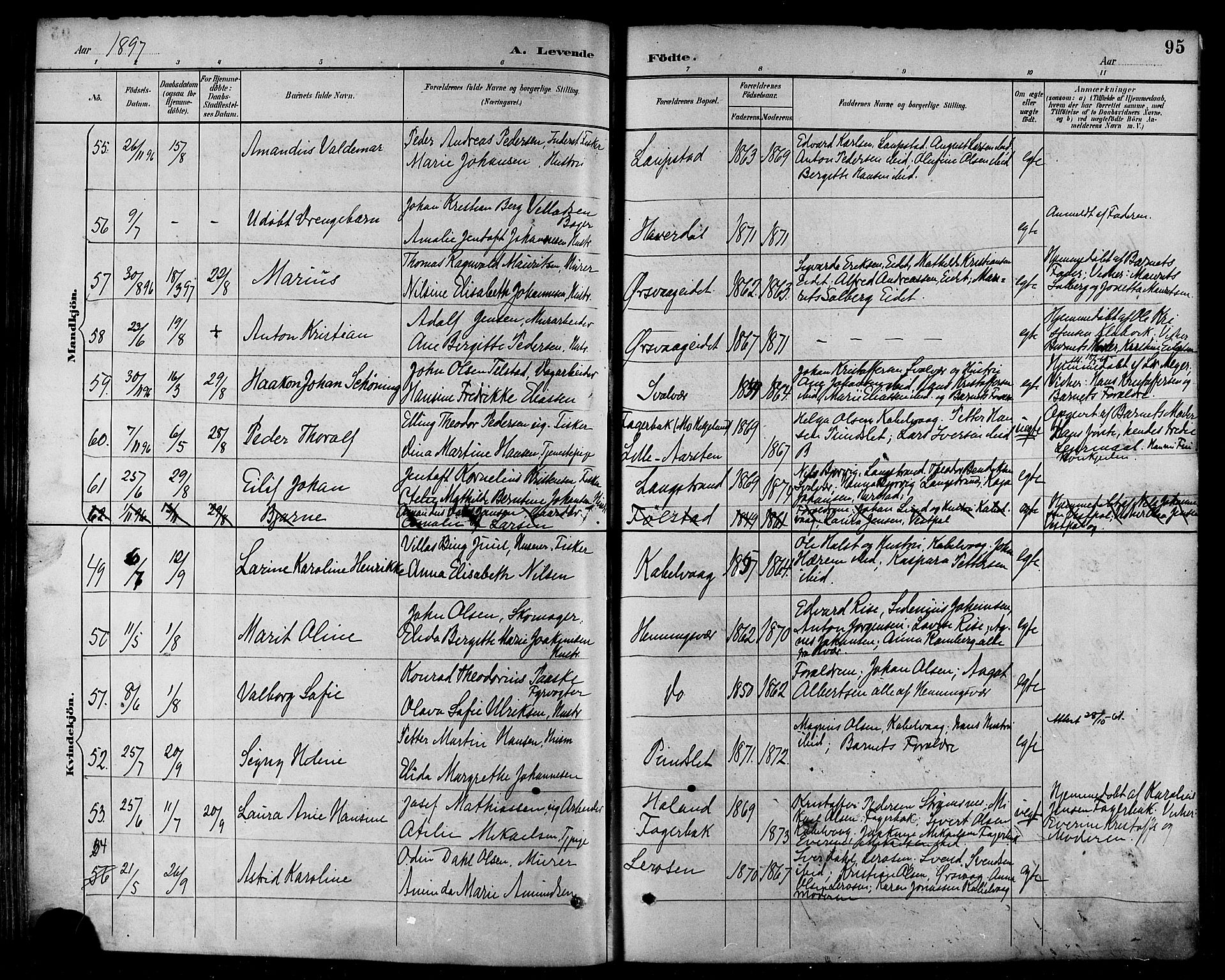 Ministerialprotokoller, klokkerbøker og fødselsregistre - Nordland, AV/SAT-A-1459/874/L1060: Parish register (official) no. 874A04, 1890-1899, p. 95