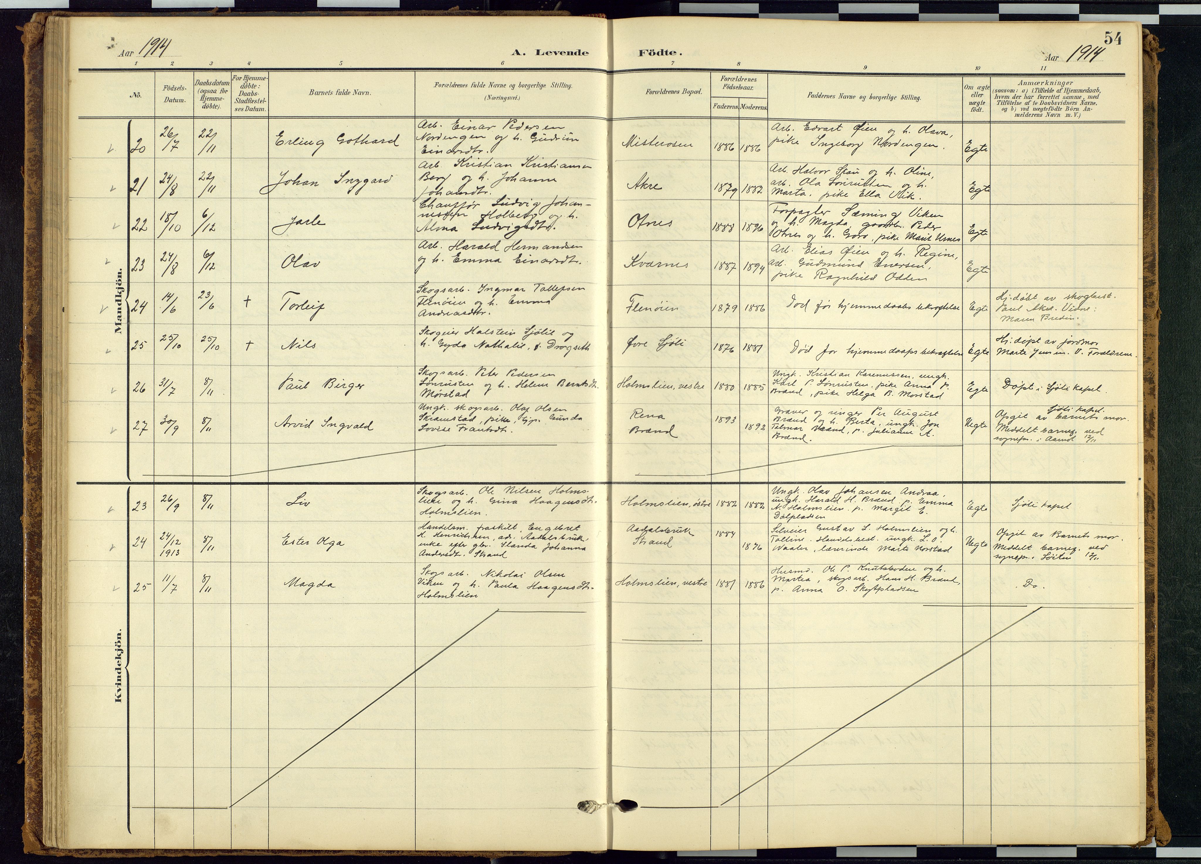 Rendalen prestekontor, SAH/PREST-054/H/Ha/Hab/L0010: Parish register (copy) no. 10, 1903-1940, p. 54