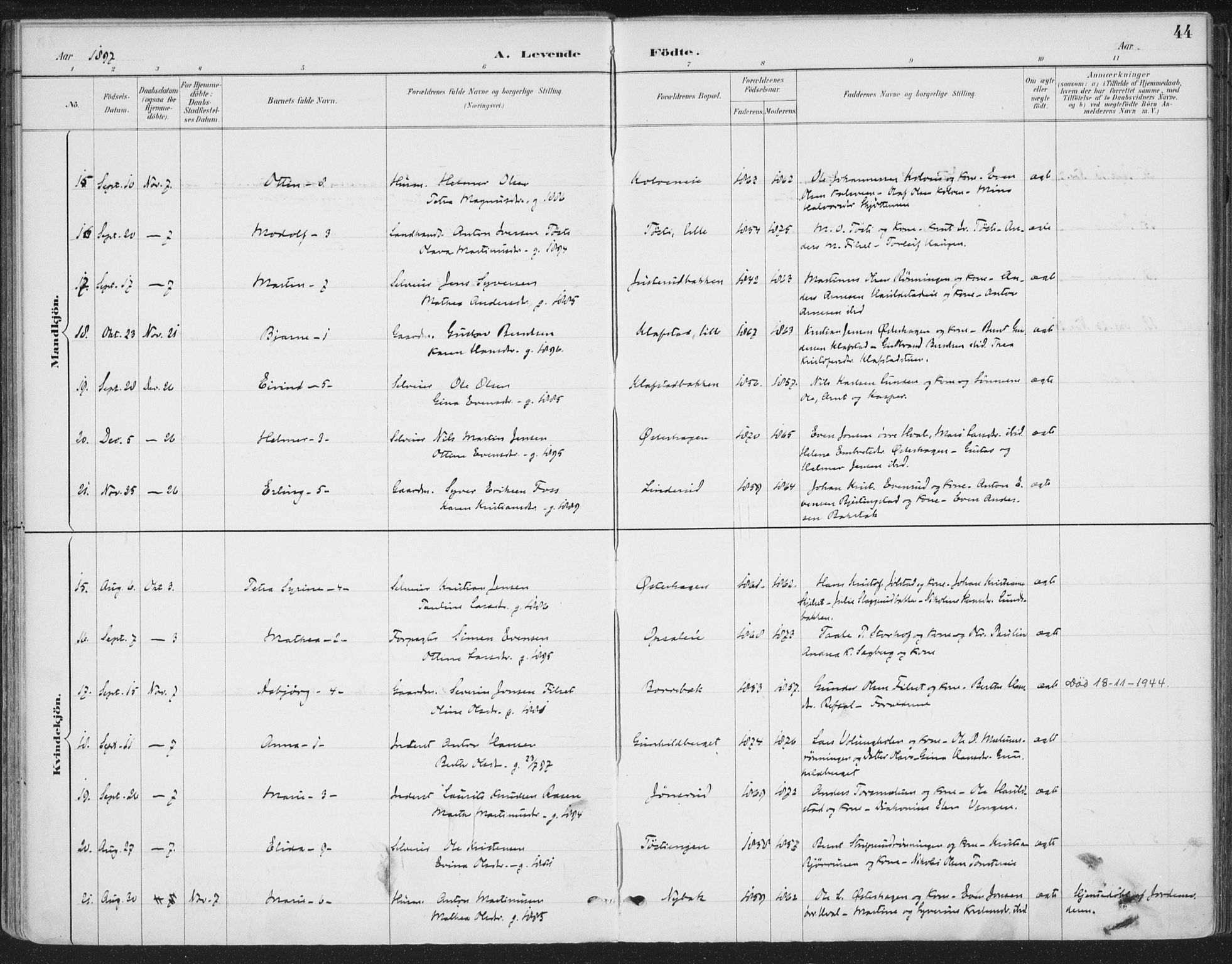 Romedal prestekontor, SAH/PREST-004/K/L0008: Parish register (official) no. 8, 1887-1905, p. 44