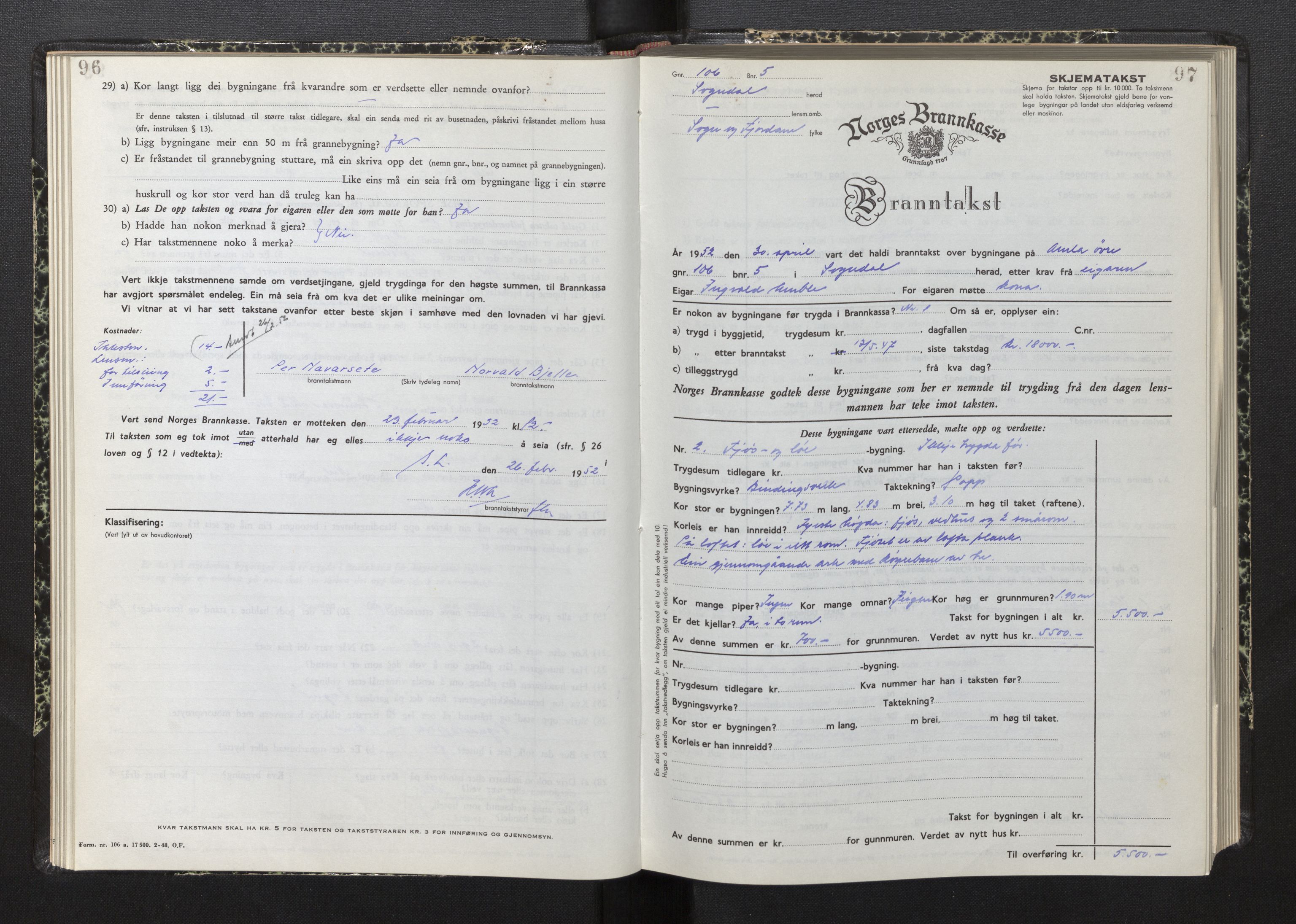 Lensmannen i Sogndal, AV/SAB-A-29901/0012/L0015: Branntakstprotokoll, skjematakst, 1950-1955, p. 96-97