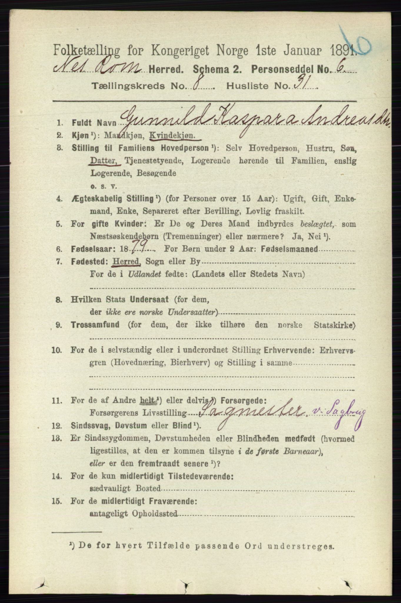 RA, 1891 census for 0236 Nes, 1891, p. 4783