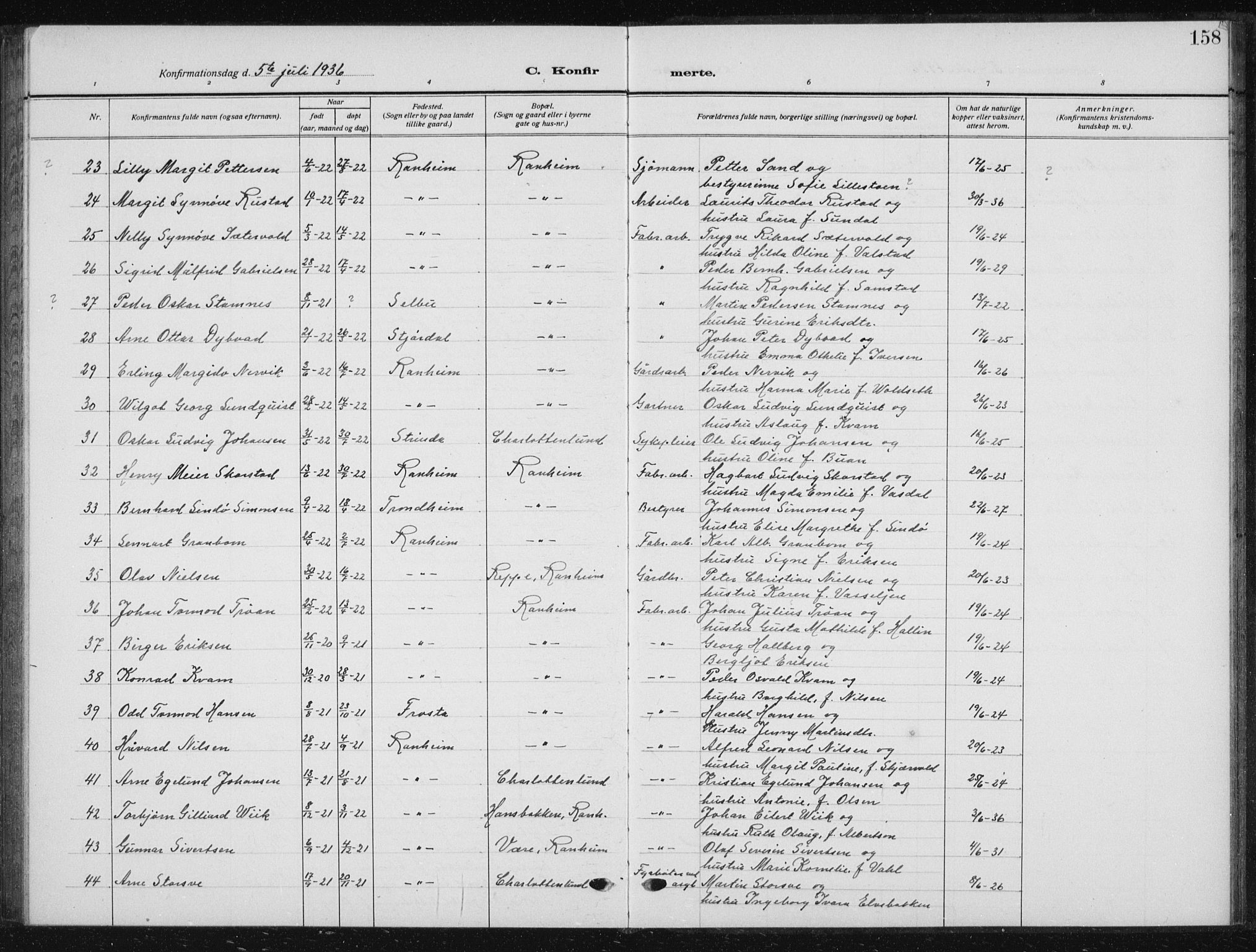 Ministerialprotokoller, klokkerbøker og fødselsregistre - Sør-Trøndelag, SAT/A-1456/615/L0401: Parish register (copy) no. 615C02, 1922-1941, p. 158