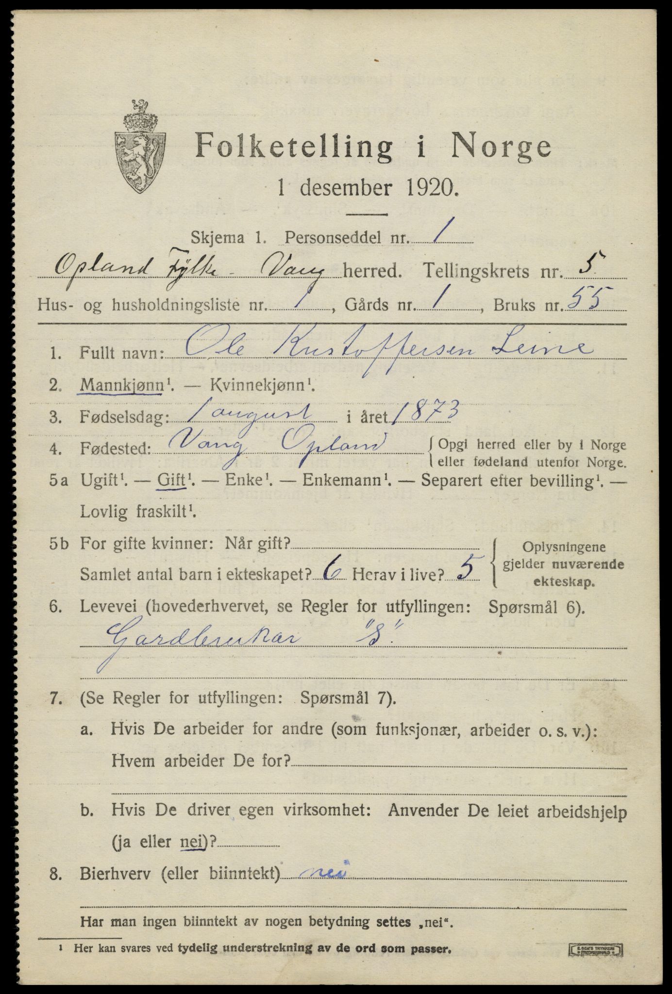 SAH, 1920 census for Vang (Oppland), 1920, p. 2345