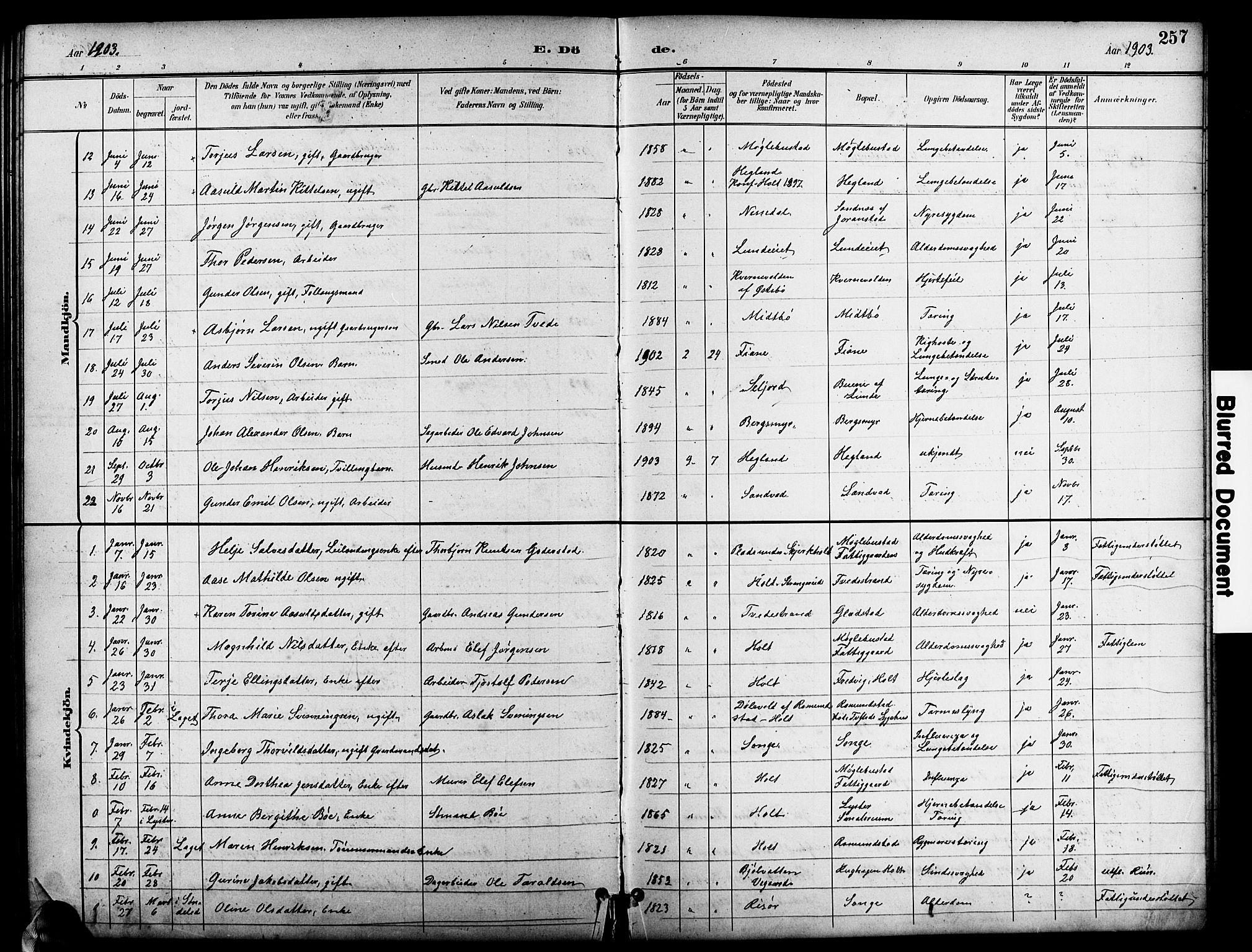 Holt sokneprestkontor, SAK/1111-0021/F/Fb/L0011: Parish register (copy) no. B 11, 1897-1921, p. 257
