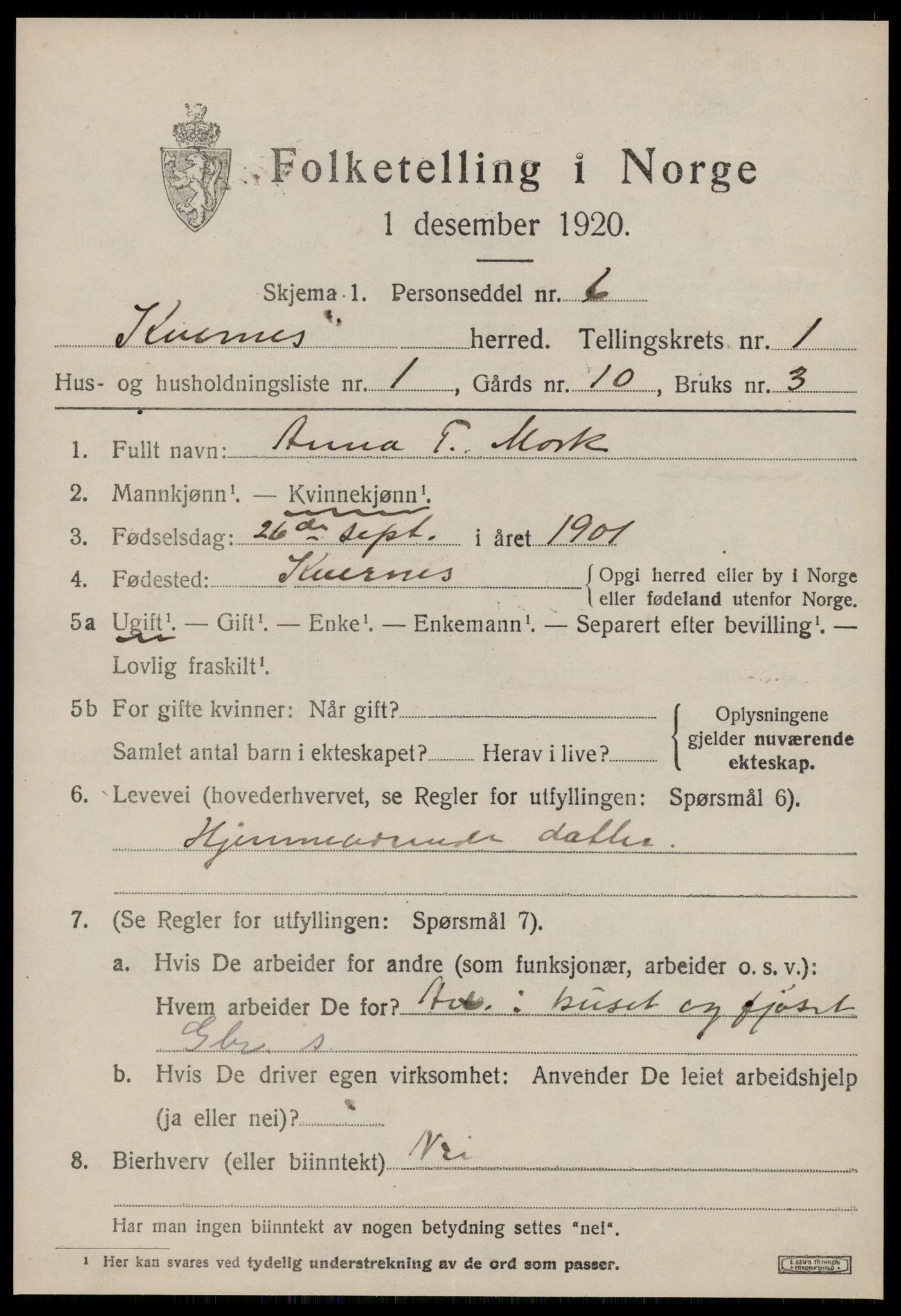 SAT, 1920 census for Kvernes, 1920, p. 293