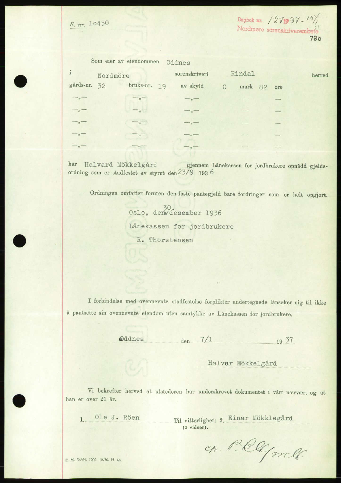 Nordmøre sorenskriveri, AV/SAT-A-4132/1/2/2Ca/L0090: Mortgage book no. B80, 1936-1937, Diary no: : 127/1937