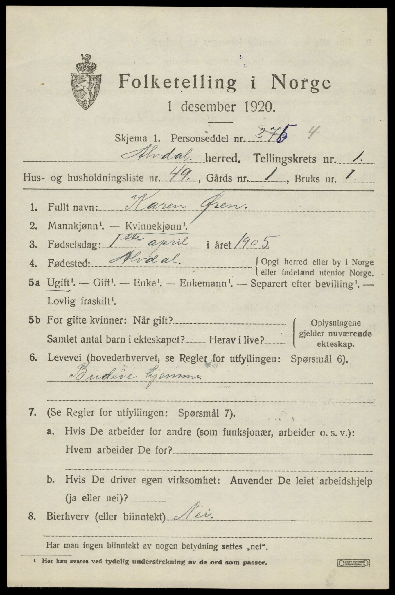 SAH, 1920 census for Alvdal, 1920, p. 1446