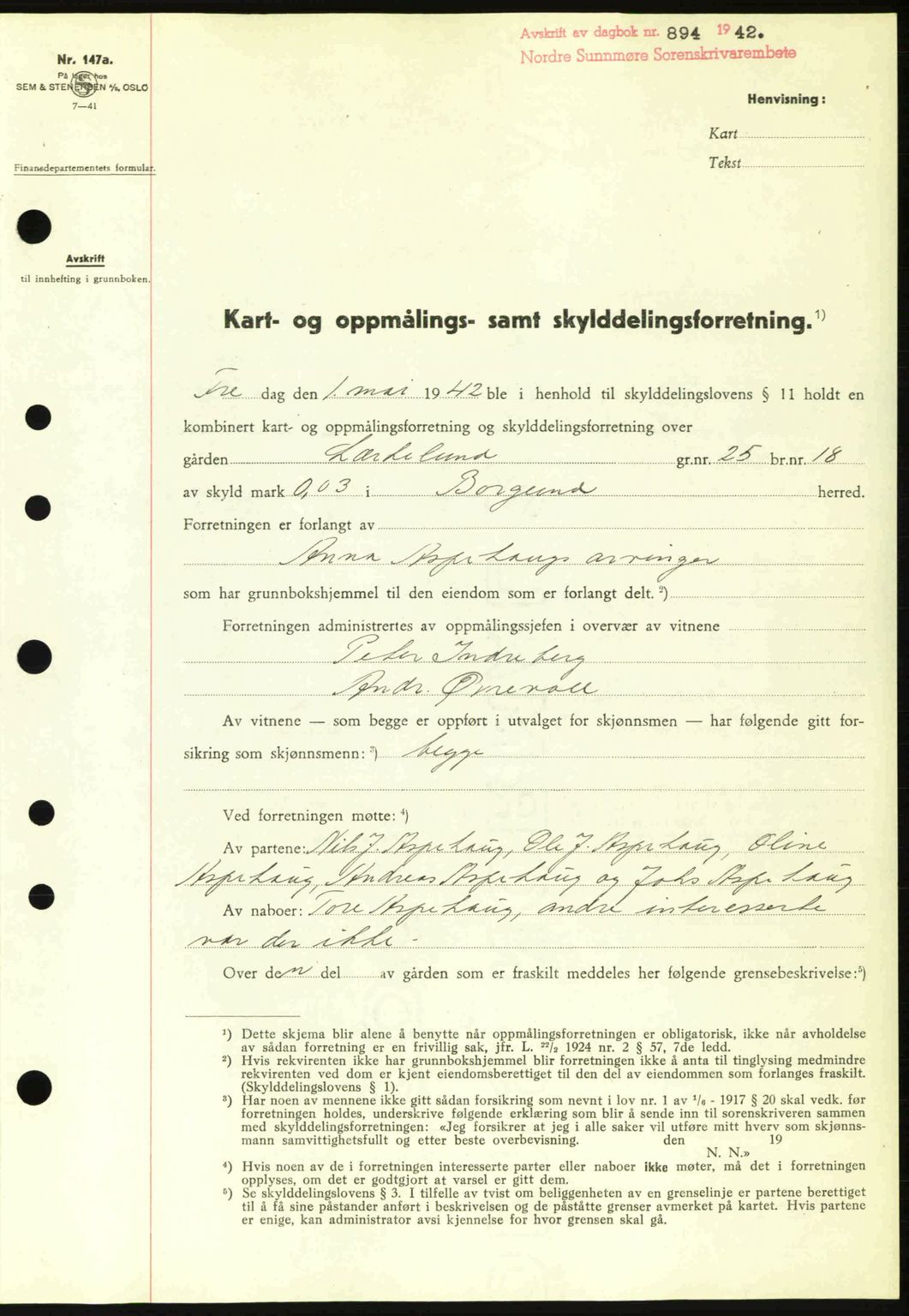 Nordre Sunnmøre sorenskriveri, AV/SAT-A-0006/1/2/2C/2Ca: Mortgage book no. A13, 1942-1942, Diary no: : 894/1942