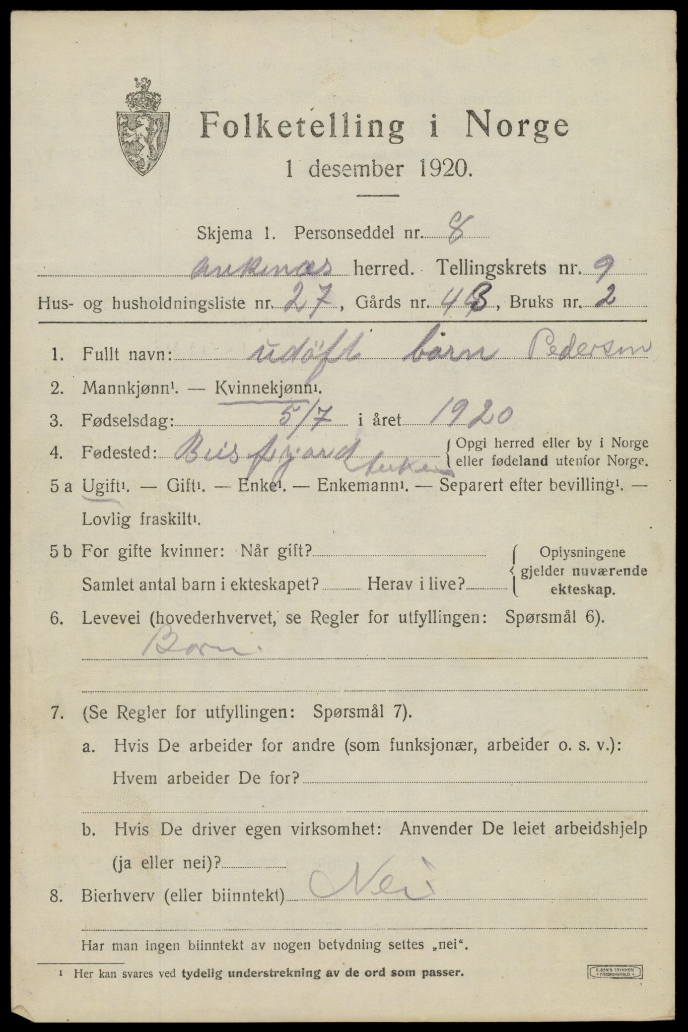 SAT, 1920 census for Ankenes, 1920, p. 4911