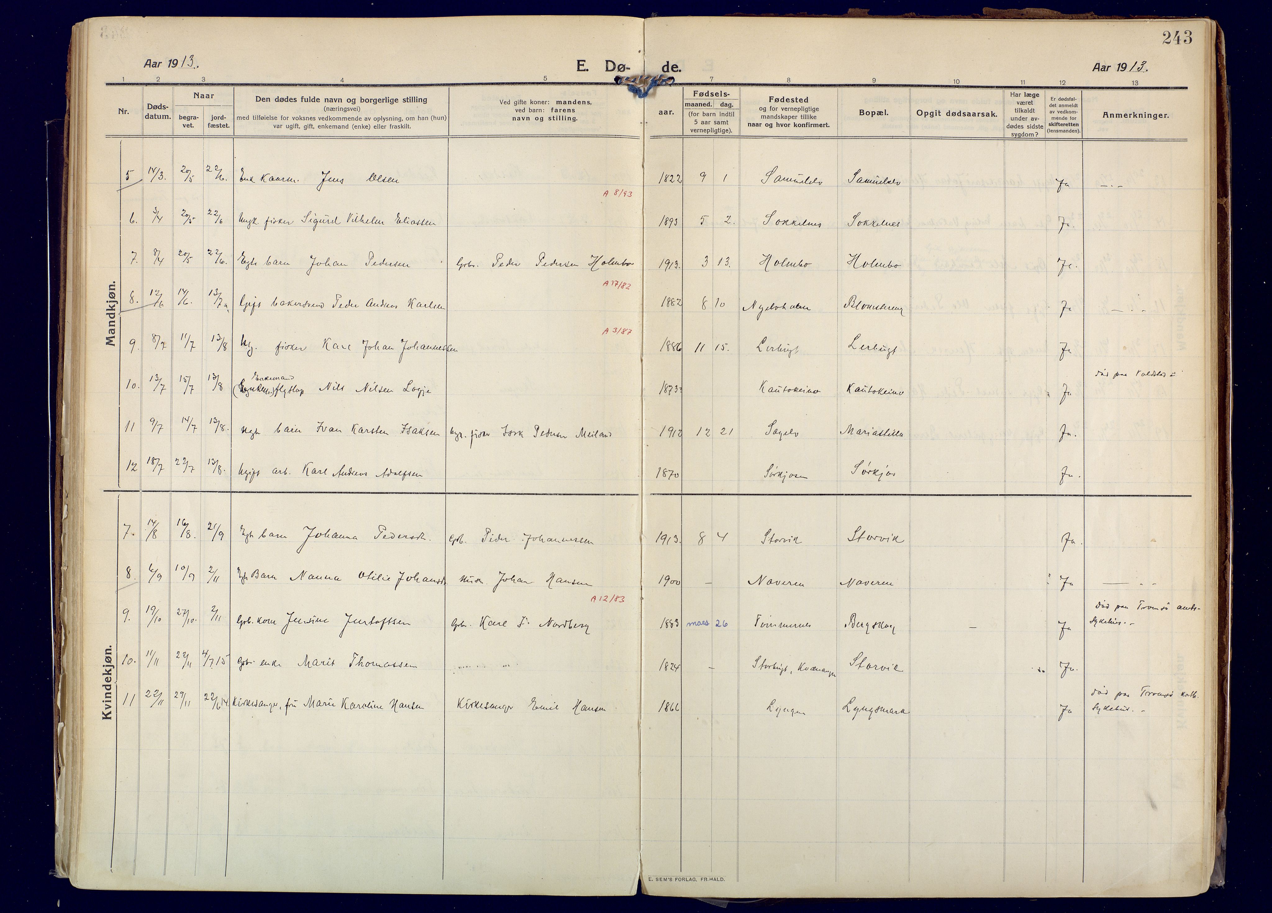 Skjervøy sokneprestkontor, AV/SATØ-S-1300/H/Ha/Haa: Parish register (official) no. 20, 1911-1931, p. 243