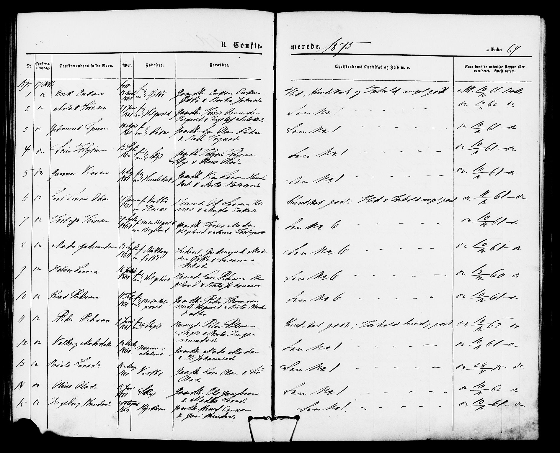 Vikedal sokneprestkontor, AV/SAST-A-101840/01/IV: Parish register (official) no. A 8, 1868-1885, p. 67