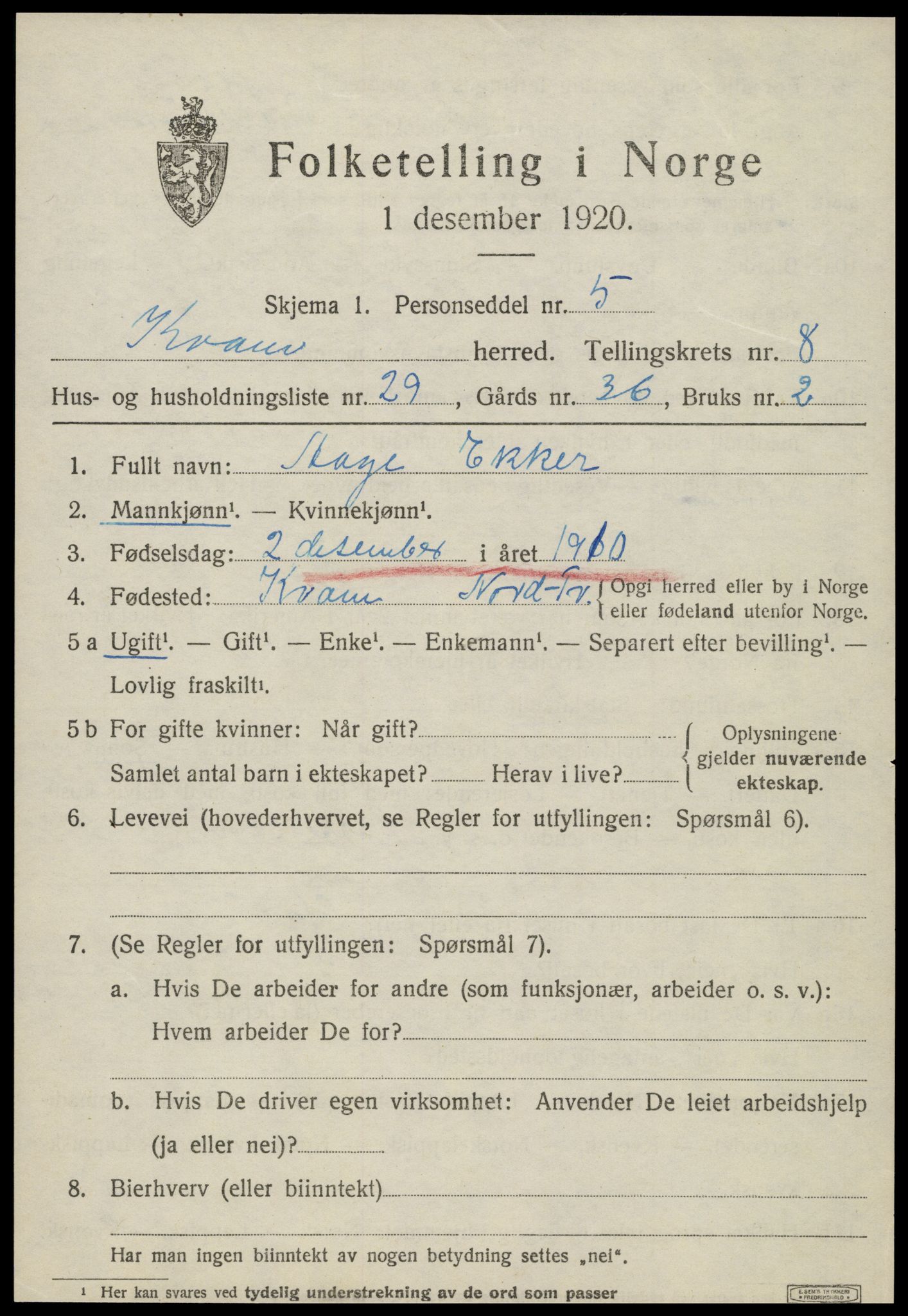 SAT, 1920 census for Kvam, 1920, p. 2321