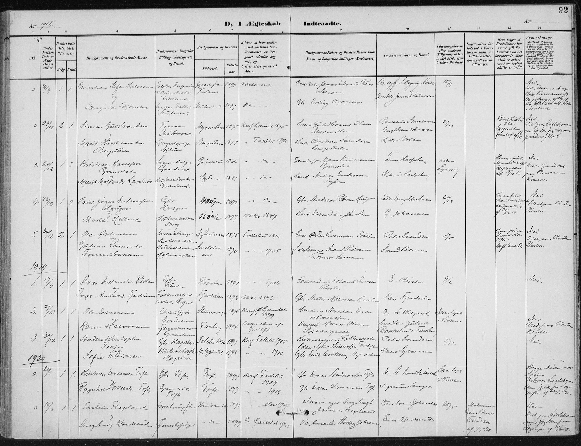 Østre Gausdal prestekontor, SAH/PREST-092/H/Ha/Haa/L0005: Parish register (official) no. 5, 1902-1920, p. 92