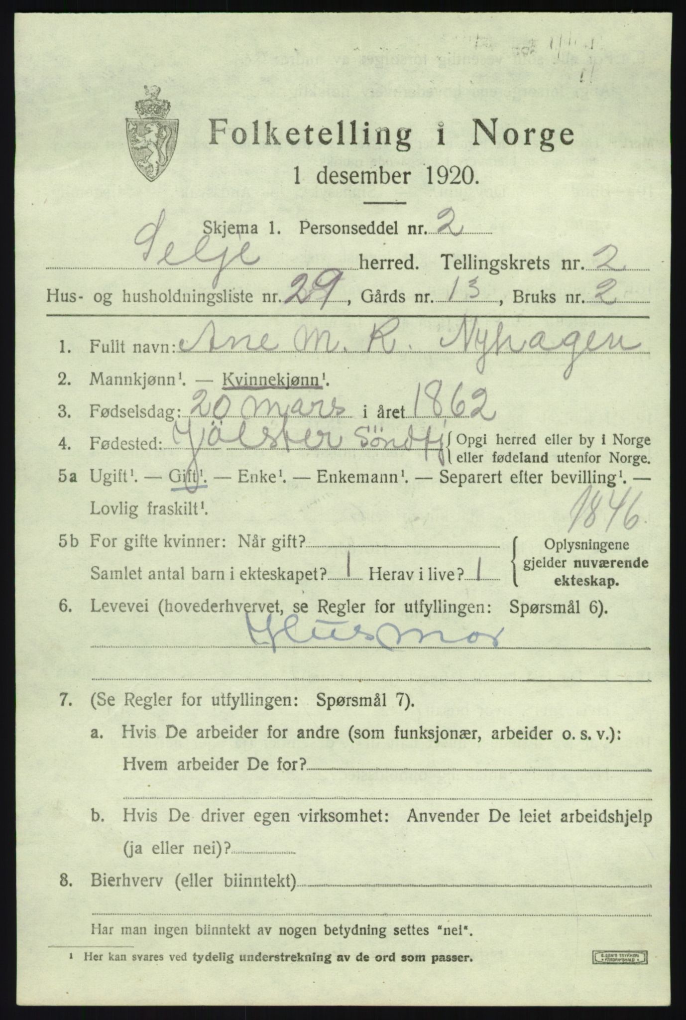 SAB, 1920 census for Selje, 1920, p. 1871